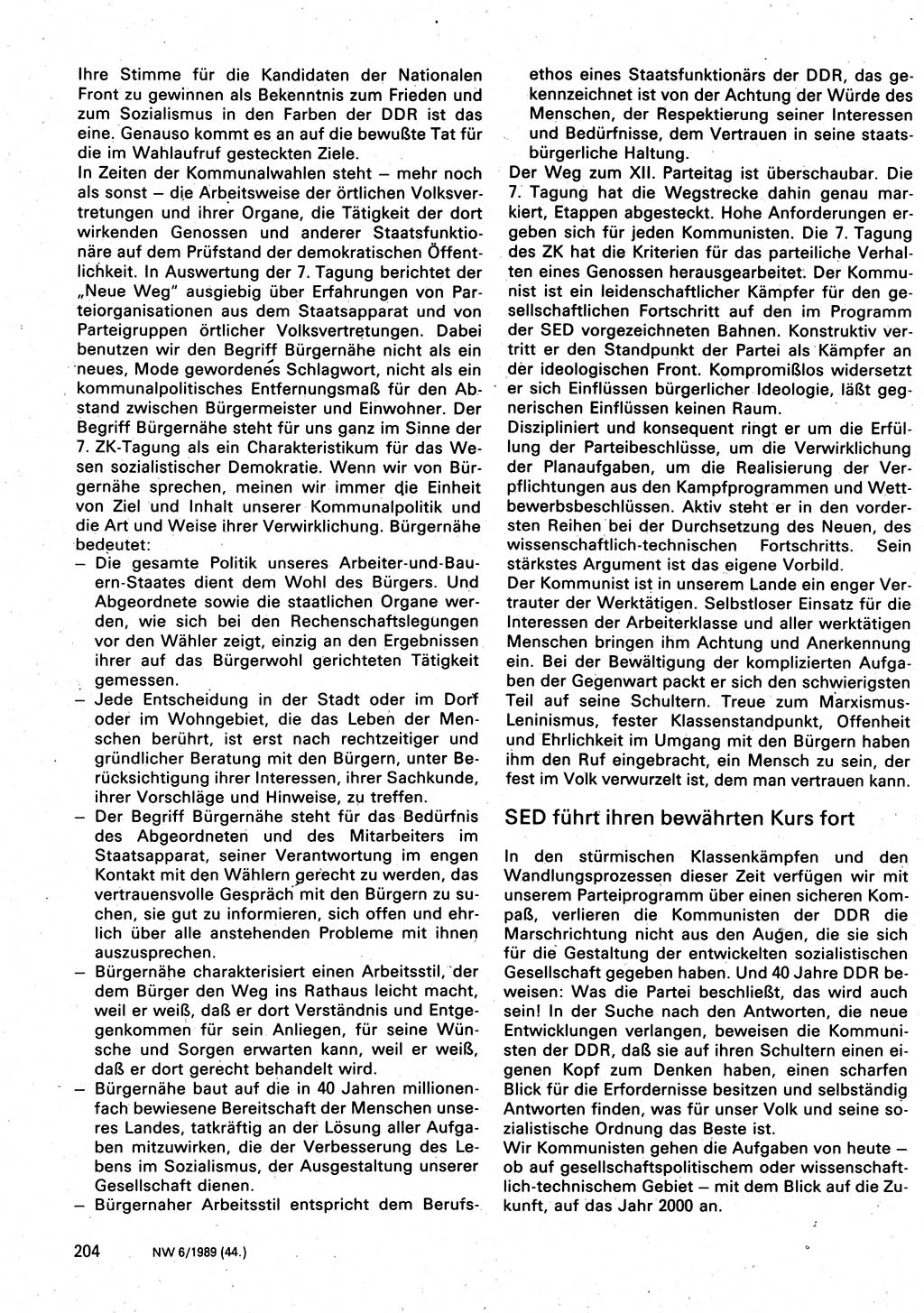 Neuer Weg (NW), Organ des Zentralkomitees (ZK) der SED (Sozialistische Einheitspartei Deutschlands) für Fragen des Parteilebens, 44. Jahrgang [Deutsche Demokratische Republik (DDR)] 1989, Seite 204 (NW ZK SED DDR 1989, S. 204)