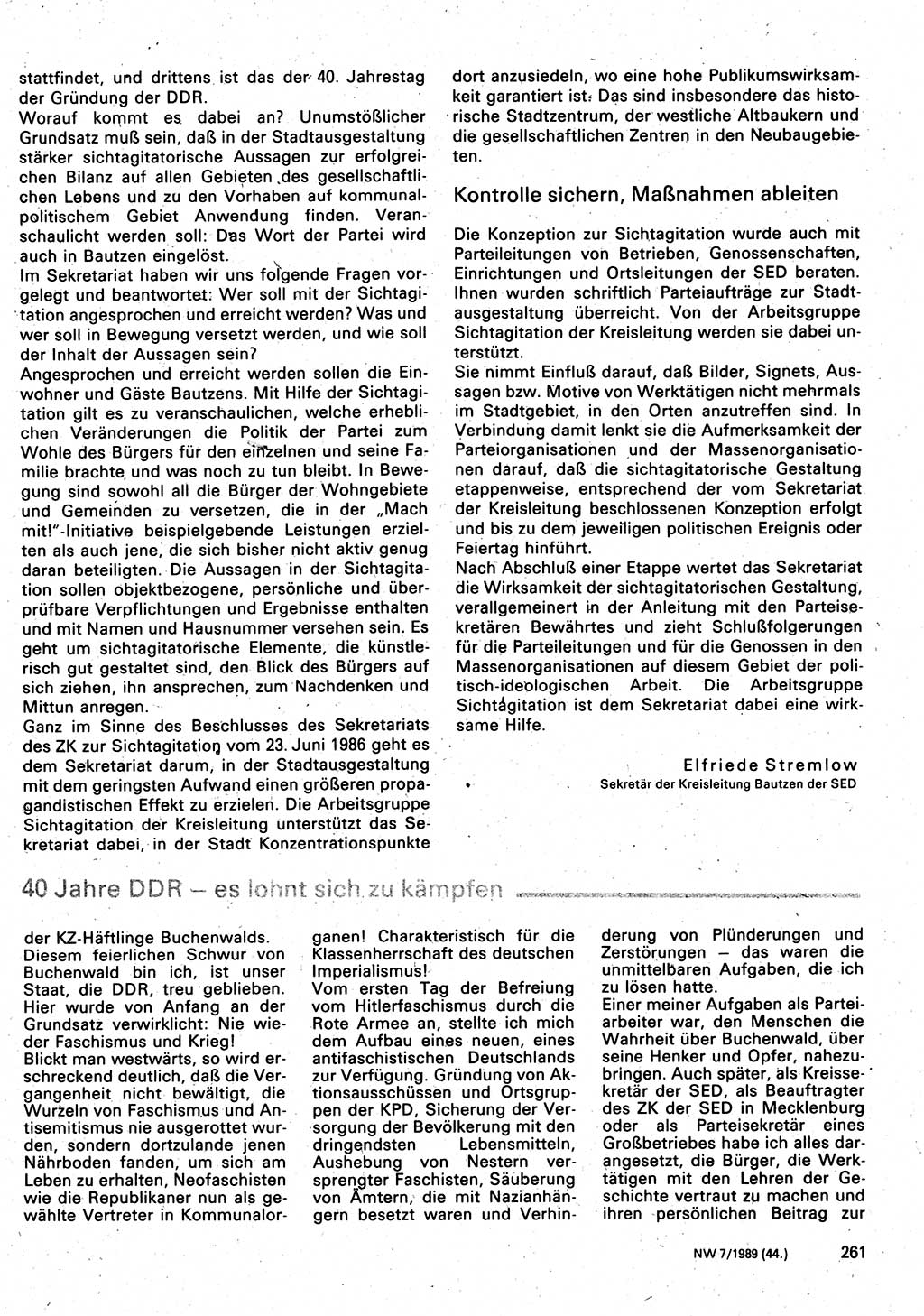 Neuer Weg (NW), Organ des Zentralkomitees (ZK) der SED (Sozialistische Einheitspartei Deutschlands) für Fragen des Parteilebens, 44. Jahrgang [Deutsche Demokratische Republik (DDR)] 1989, Seite 261 (NW ZK SED DDR 1989, S. 261)