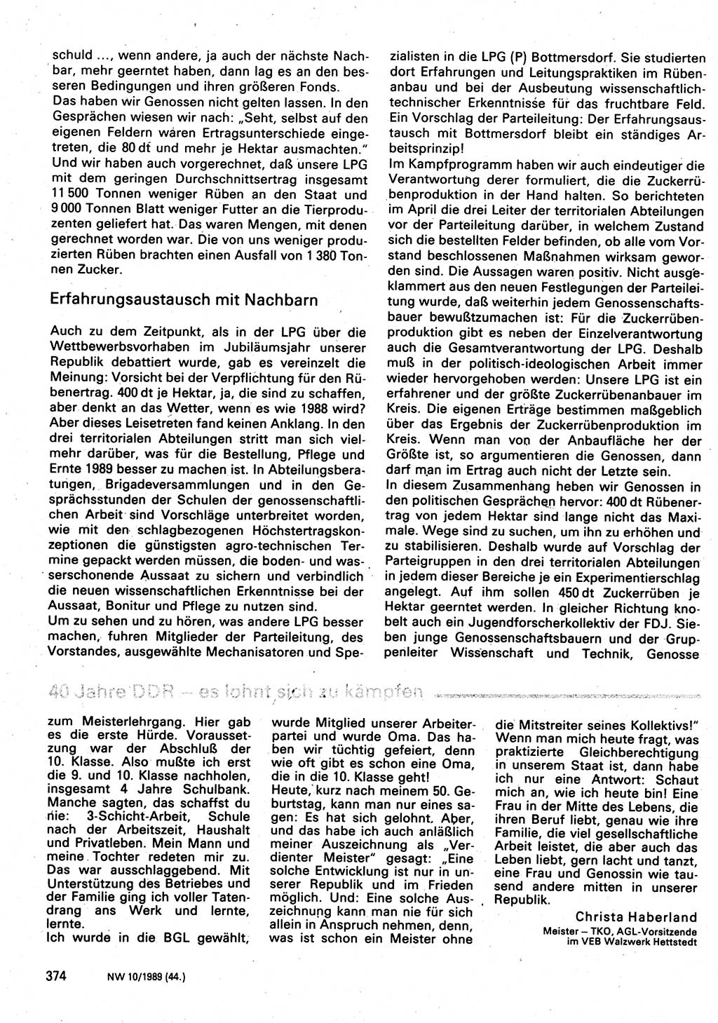 Neuer Weg (NW), Organ des Zentralkomitees (ZK) der SED (Sozialistische Einheitspartei Deutschlands) für Fragen des Parteilebens, 44. Jahrgang [Deutsche Demokratische Republik (DDR)] 1989, Seite 374 (NW ZK SED DDR 1989, S. 374)