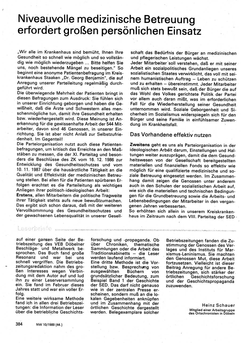 Neuer Weg (NW), Organ des Zentralkomitees (ZK) der SED (Sozialistische Einheitspartei Deutschlands) für Fragen des Parteilebens, 44. Jahrgang [Deutsche Demokratische Republik (DDR)] 1989, Seite 384 (NW ZK SED DDR 1989, S. 384)