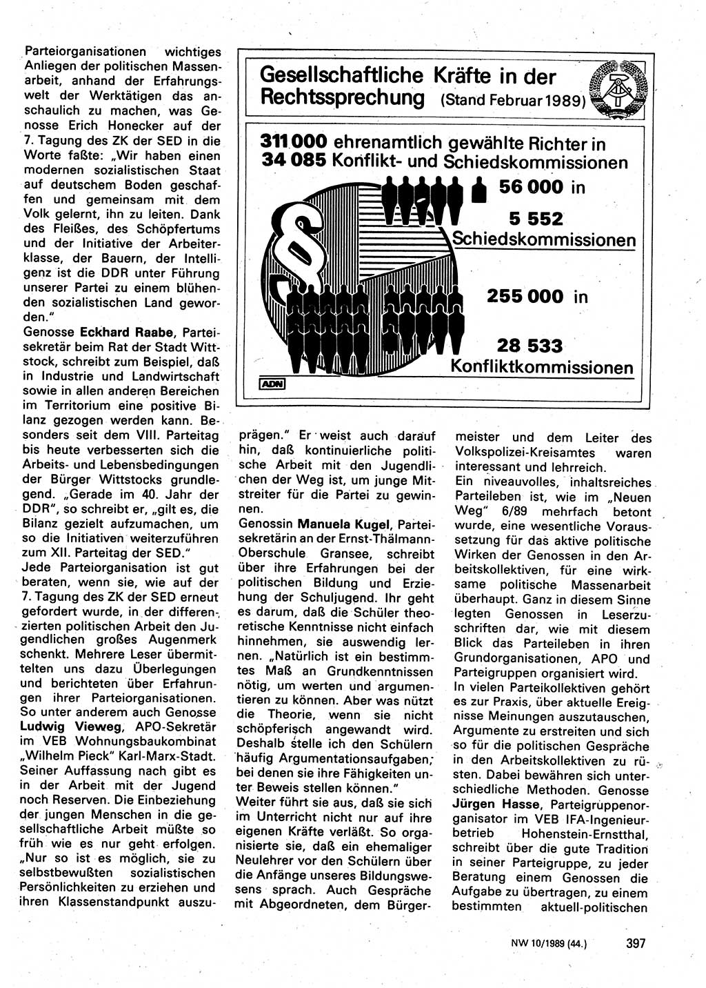 Neuer Weg (NW), Organ des Zentralkomitees (ZK) der SED (Sozialistische Einheitspartei Deutschlands) für Fragen des Parteilebens, 44. Jahrgang [Deutsche Demokratische Republik (DDR)] 1989, Seite 397 (NW ZK SED DDR 1989, S. 397)