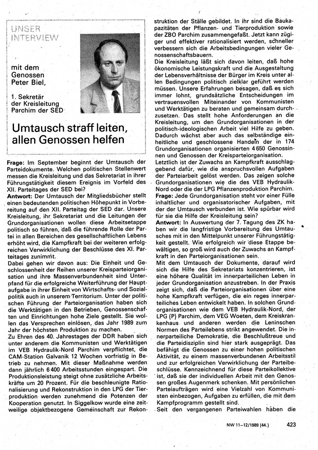 Neuer Weg (NW), Organ des Zentralkomitees (ZK) der SED (Sozialistische Einheitspartei Deutschlands) für Fragen des Parteilebens, 44. Jahrgang [Deutsche Demokratische Republik (DDR)] 1989, Seite 423 (NW ZK SED DDR 1989, S. 423)