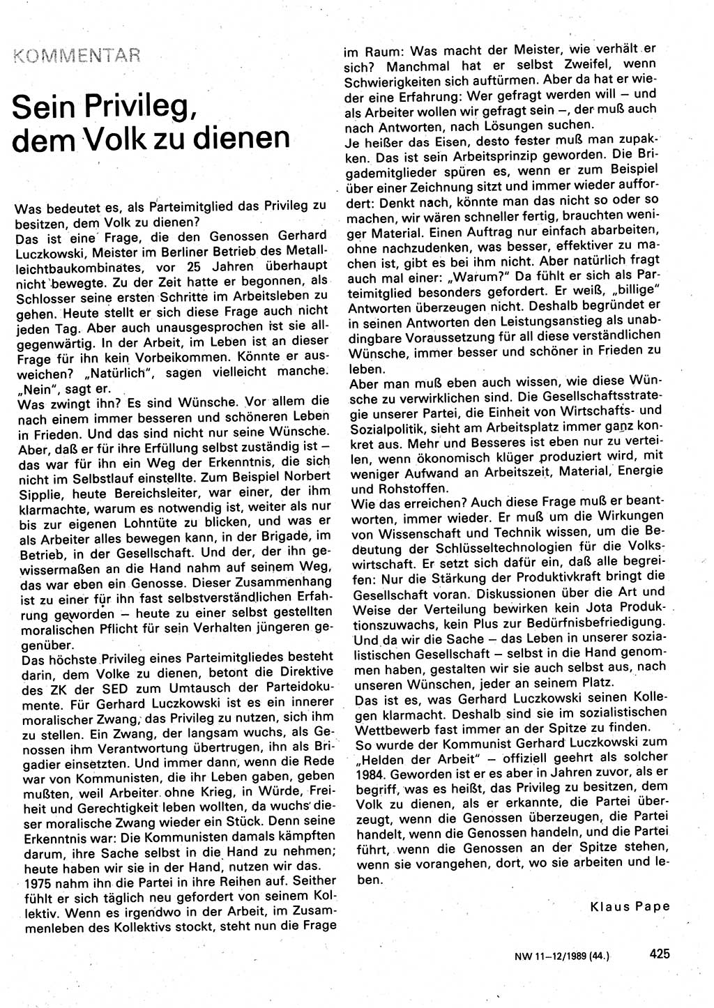 Neuer Weg (NW), Organ des Zentralkomitees (ZK) der SED (Sozialistische Einheitspartei Deutschlands) für Fragen des Parteilebens, 44. Jahrgang [Deutsche Demokratische Republik (DDR)] 1989, Seite 425 (NW ZK SED DDR 1989, S. 425)
