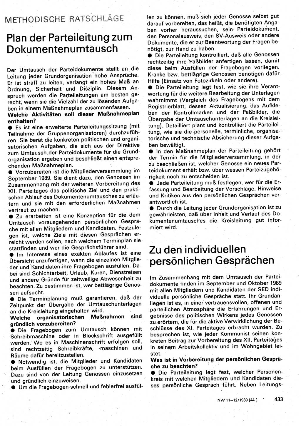 Neuer Weg (NW), Organ des Zentralkomitees (ZK) der SED (Sozialistische Einheitspartei Deutschlands) für Fragen des Parteilebens, 44. Jahrgang [Deutsche Demokratische Republik (DDR)] 1989, Seite 433 (NW ZK SED DDR 1989, S. 433)