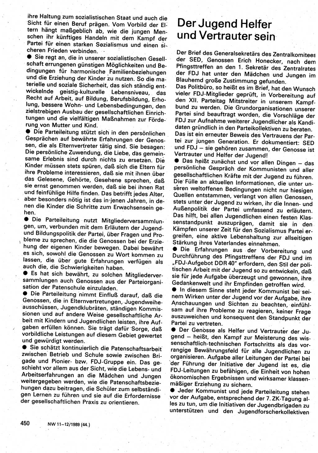 Neuer Weg (NW), Organ des Zentralkomitees (ZK) der SED (Sozialistische Einheitspartei Deutschlands) für Fragen des Parteilebens, 44. Jahrgang [Deutsche Demokratische Republik (DDR)] 1989, Seite 450 (NW ZK SED DDR 1989, S. 450)