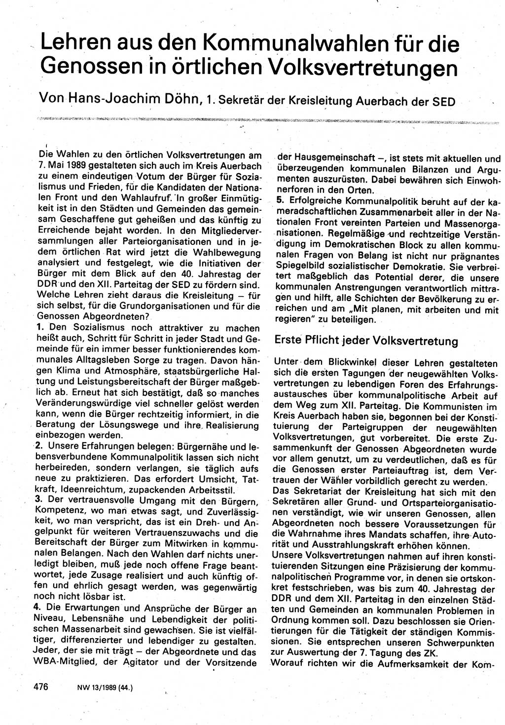 Neuer Weg (NW), Organ des Zentralkomitees (ZK) der SED (Sozialistische Einheitspartei Deutschlands) für Fragen des Parteilebens, 44. Jahrgang [Deutsche Demokratische Republik (DDR)] 1989, Seite 476 (NW ZK SED DDR 1989, S. 476)