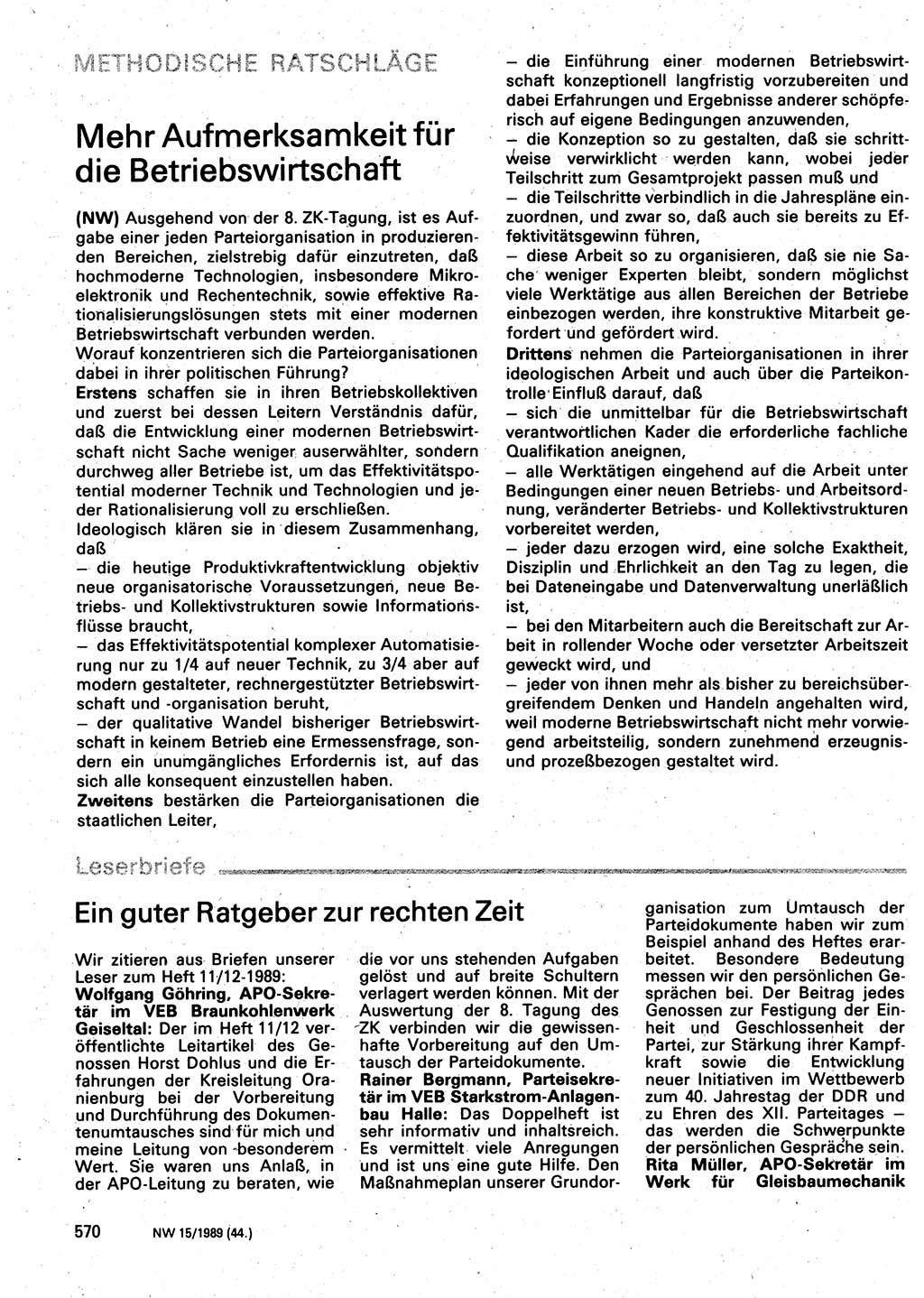 Neuer Weg (NW), Organ des Zentralkomitees (ZK) der SED (Sozialistische Einheitspartei Deutschlands) für Fragen des Parteilebens, 44. Jahrgang [Deutsche Demokratische Republik (DDR)] 1989, Seite 570 (NW ZK SED DDR 1989, S. 570)