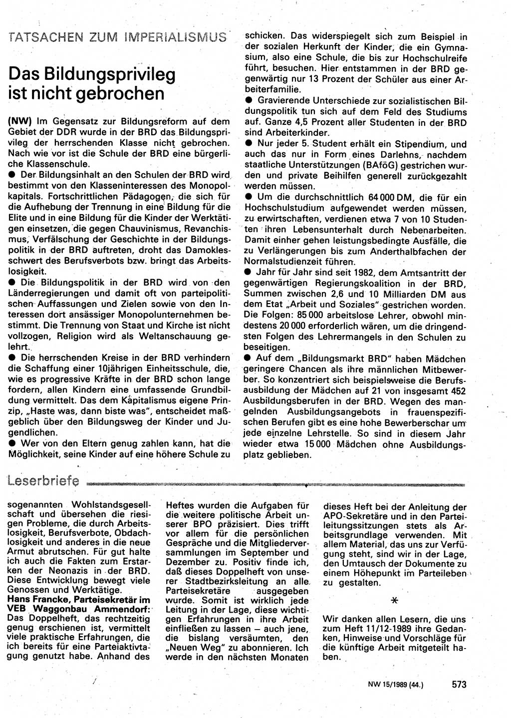 Neuer Weg (NW), Organ des Zentralkomitees (ZK) der SED (Sozialistische Einheitspartei Deutschlands) für Fragen des Parteilebens, 44. Jahrgang [Deutsche Demokratische Republik (DDR)] 1989, Seite 573 (NW ZK SED DDR 1989, S. 573)