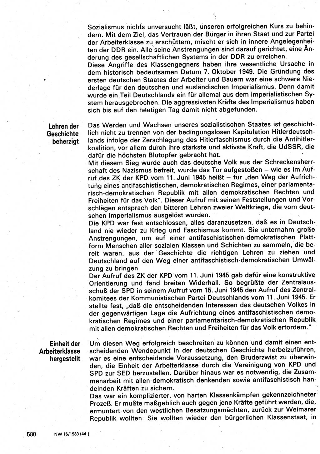 Neuer Weg (NW), Organ des Zentralkomitees (ZK) der SED (Sozialistische Einheitspartei Deutschlands) für Fragen des Parteilebens, 44. Jahrgang [Deutsche Demokratische Republik (DDR)] 1989, Seite 580 (NW ZK SED DDR 1989, S. 580)