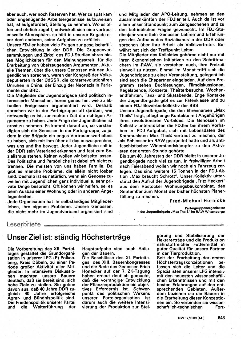 Neuer Weg (NW), Organ des Zentralkomitees (ZK) der SED (Sozialistische Einheitspartei Deutschlands) für Fragen des Parteilebens, 44. Jahrgang [Deutsche Demokratische Republik (DDR)] 1989, Seite 643 (NW ZK SED DDR 1989, S. 643)