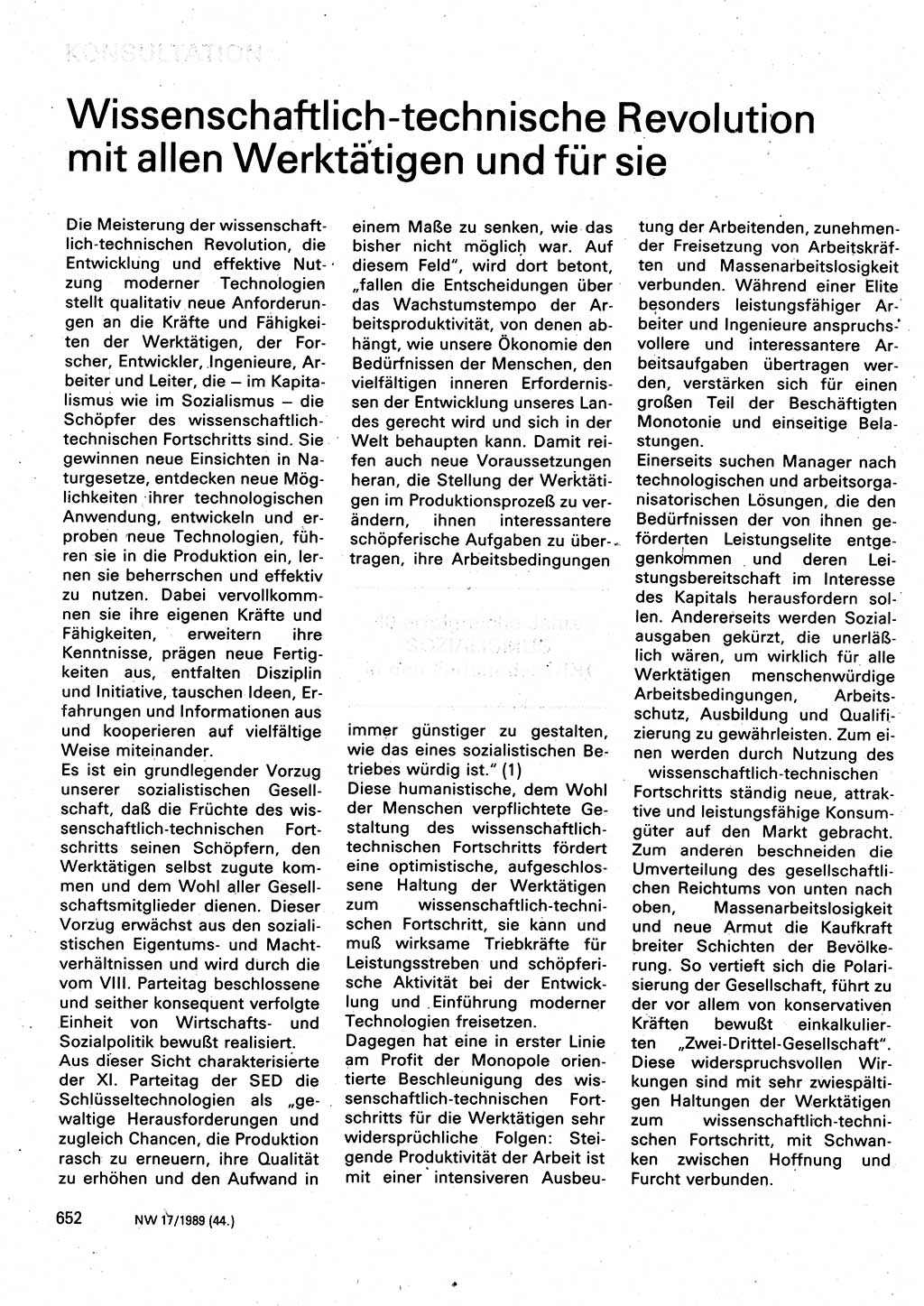 Neuer Weg (NW), Organ des Zentralkomitees (ZK) der SED (Sozialistische Einheitspartei Deutschlands) für Fragen des Parteilebens, 44. Jahrgang [Deutsche Demokratische Republik (DDR)] 1989, Seite 652 (NW ZK SED DDR 1989, S. 652)