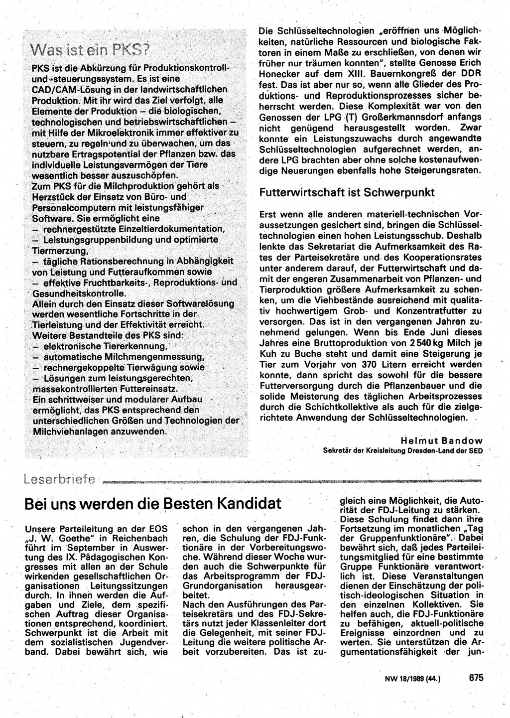 Neuer Weg (NW), Organ des Zentralkomitees (ZK) der SED (Sozialistische Einheitspartei Deutschlands) für Fragen des Parteilebens, 44. Jahrgang [Deutsche Demokratische Republik (DDR)] 1989, Seite 675 (NW ZK SED DDR 1989, S. 675)