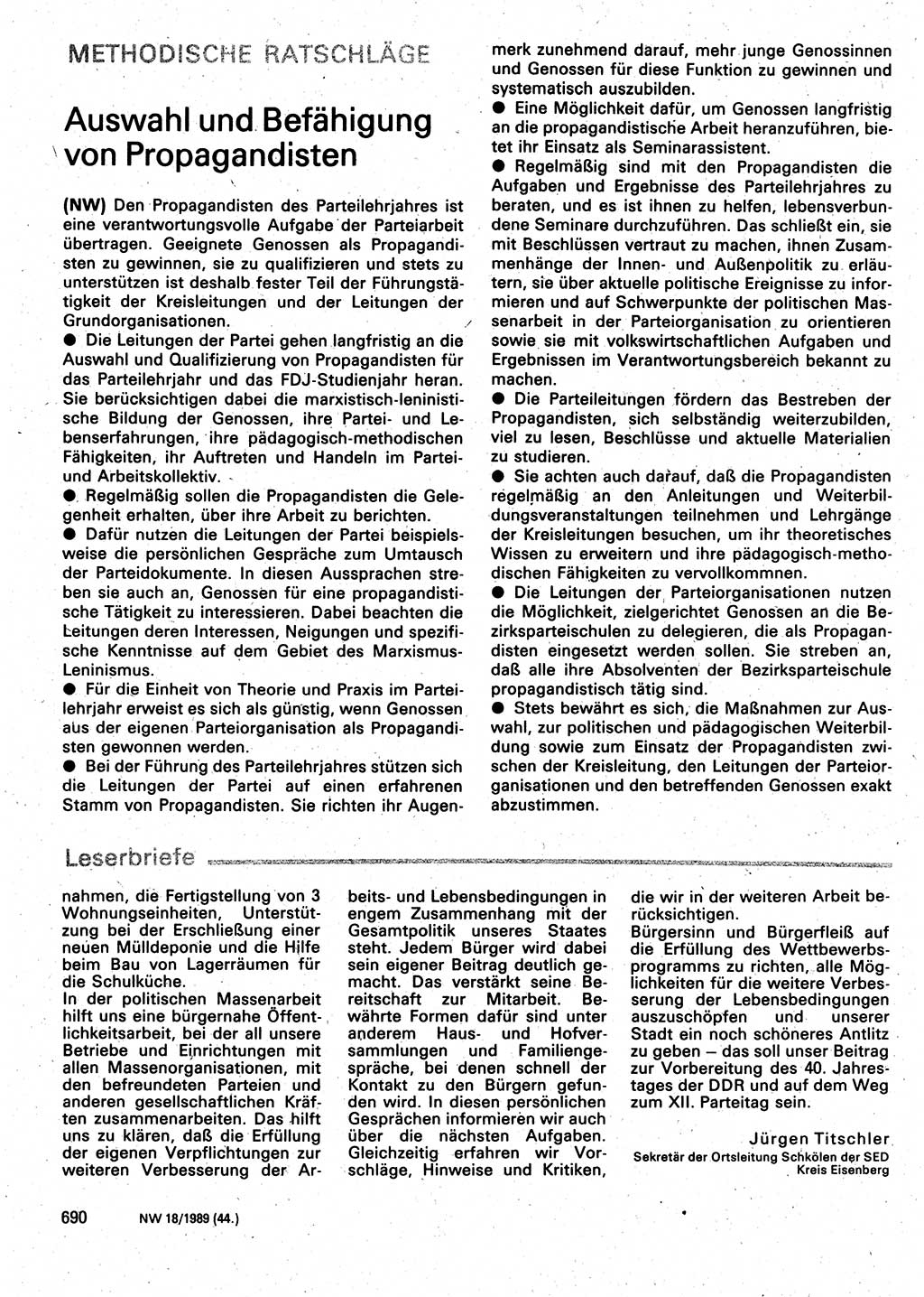 Neuer Weg (NW), Organ des Zentralkomitees (ZK) der SED (Sozialistische Einheitspartei Deutschlands) für Fragen des Parteilebens, 44. Jahrgang [Deutsche Demokratische Republik (DDR)] 1989, Seite 690 (NW ZK SED DDR 1989, S. 690)