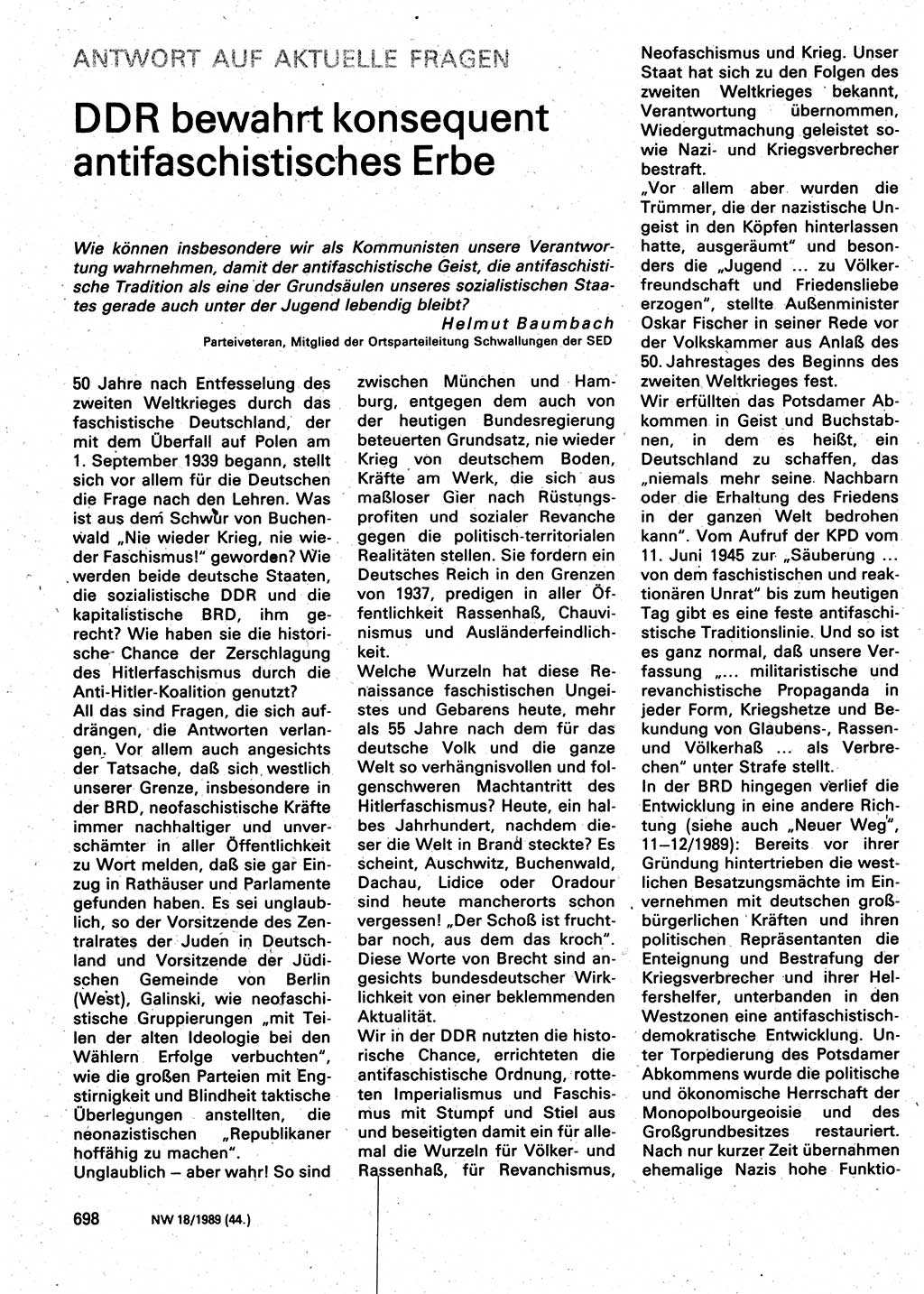 Neuer Weg (NW), Organ des Zentralkomitees (ZK) der SED (Sozialistische Einheitspartei Deutschlands) für Fragen des Parteilebens, 44. Jahrgang [Deutsche Demokratische Republik (DDR)] 1989, Seite 698 (NW ZK SED DDR 1989, S. 698)