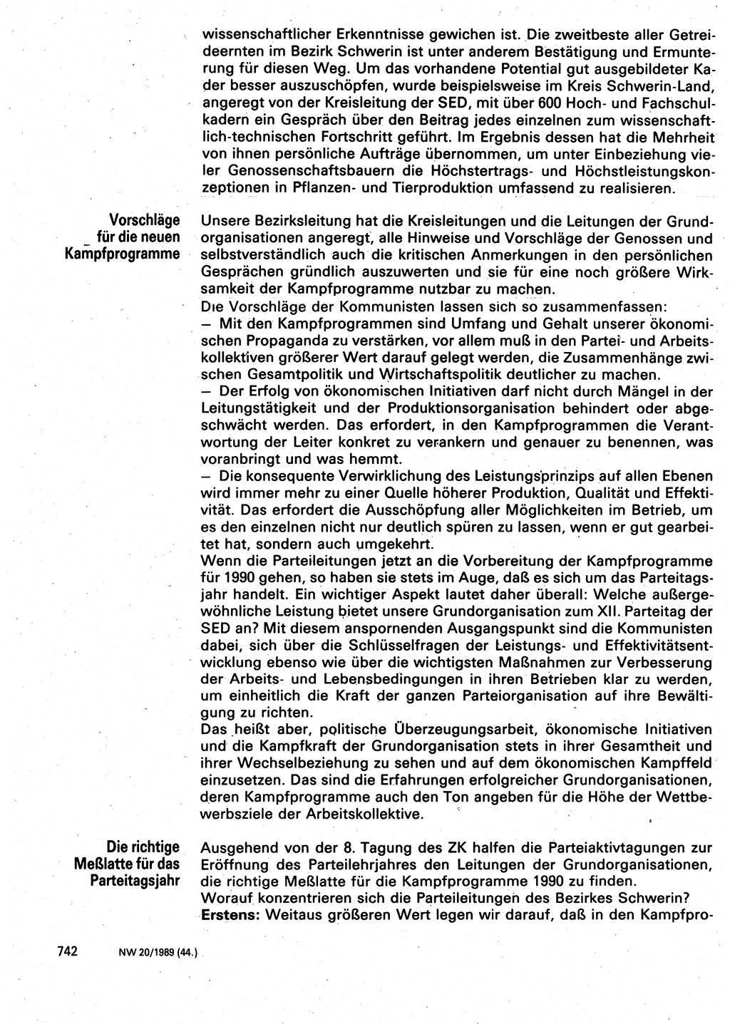 Neuer Weg (NW), Organ des Zentralkomitees (ZK) der SED (Sozialistische Einheitspartei Deutschlands) für Fragen des Parteilebens, 44. Jahrgang [Deutsche Demokratische Republik (DDR)] 1989, Seite 742 (NW ZK SED DDR 1989, S. 742)