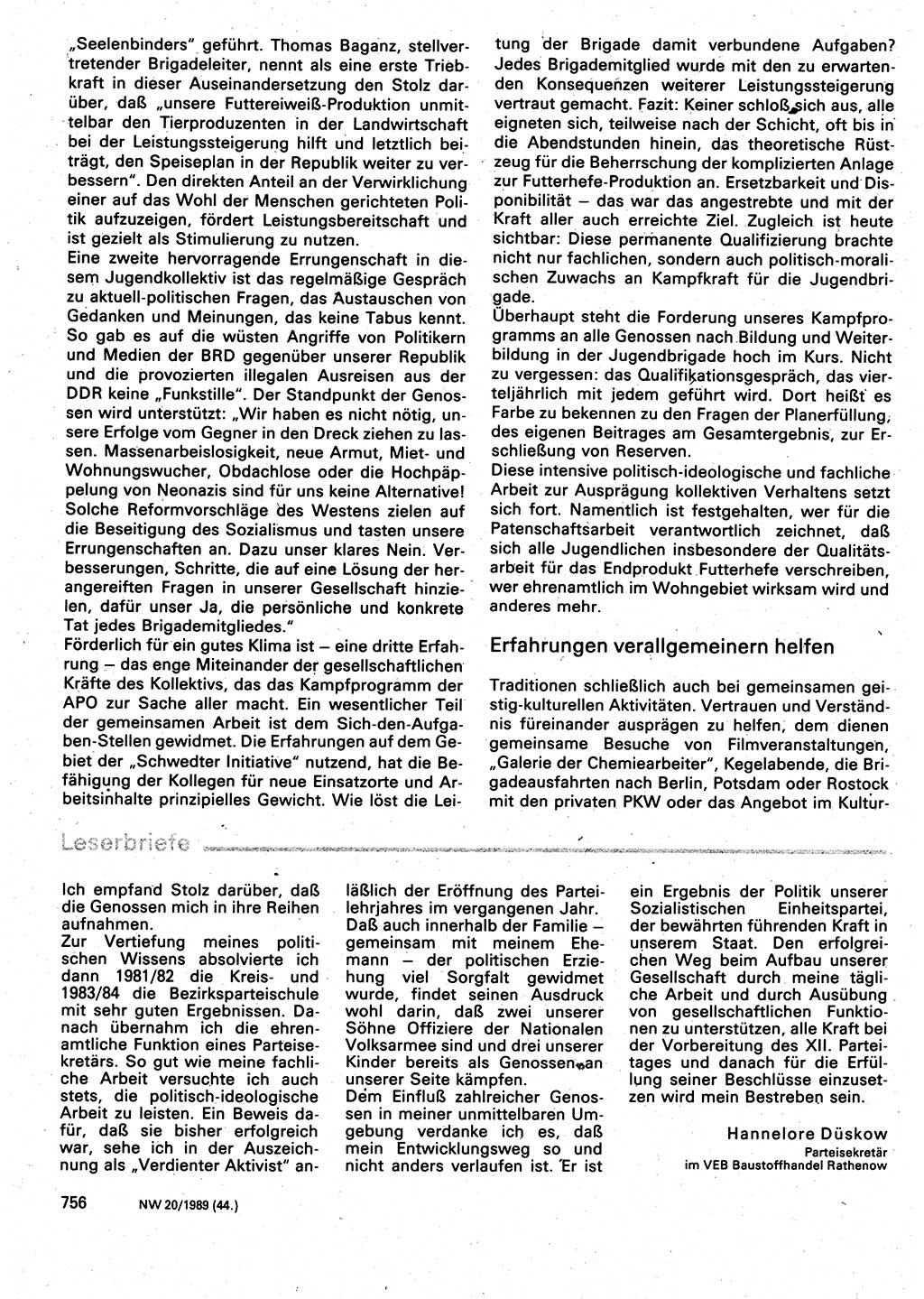 Neuer Weg (NW), Organ des Zentralkomitees (ZK) der SED (Sozialistische Einheitspartei Deutschlands) für Fragen des Parteilebens, 44. Jahrgang [Deutsche Demokratische Republik (DDR)] 1989, Seite 756 (NW ZK SED DDR 1989, S. 756)