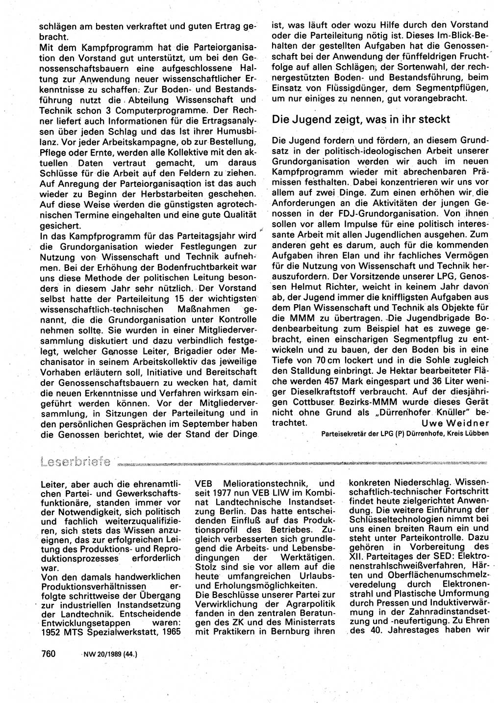 Neuer Weg (NW), Organ des Zentralkomitees (ZK) der SED (Sozialistische Einheitspartei Deutschlands) für Fragen des Parteilebens, 44. Jahrgang [Deutsche Demokratische Republik (DDR)] 1989, Seite 760 (NW ZK SED DDR 1989, S. 760)