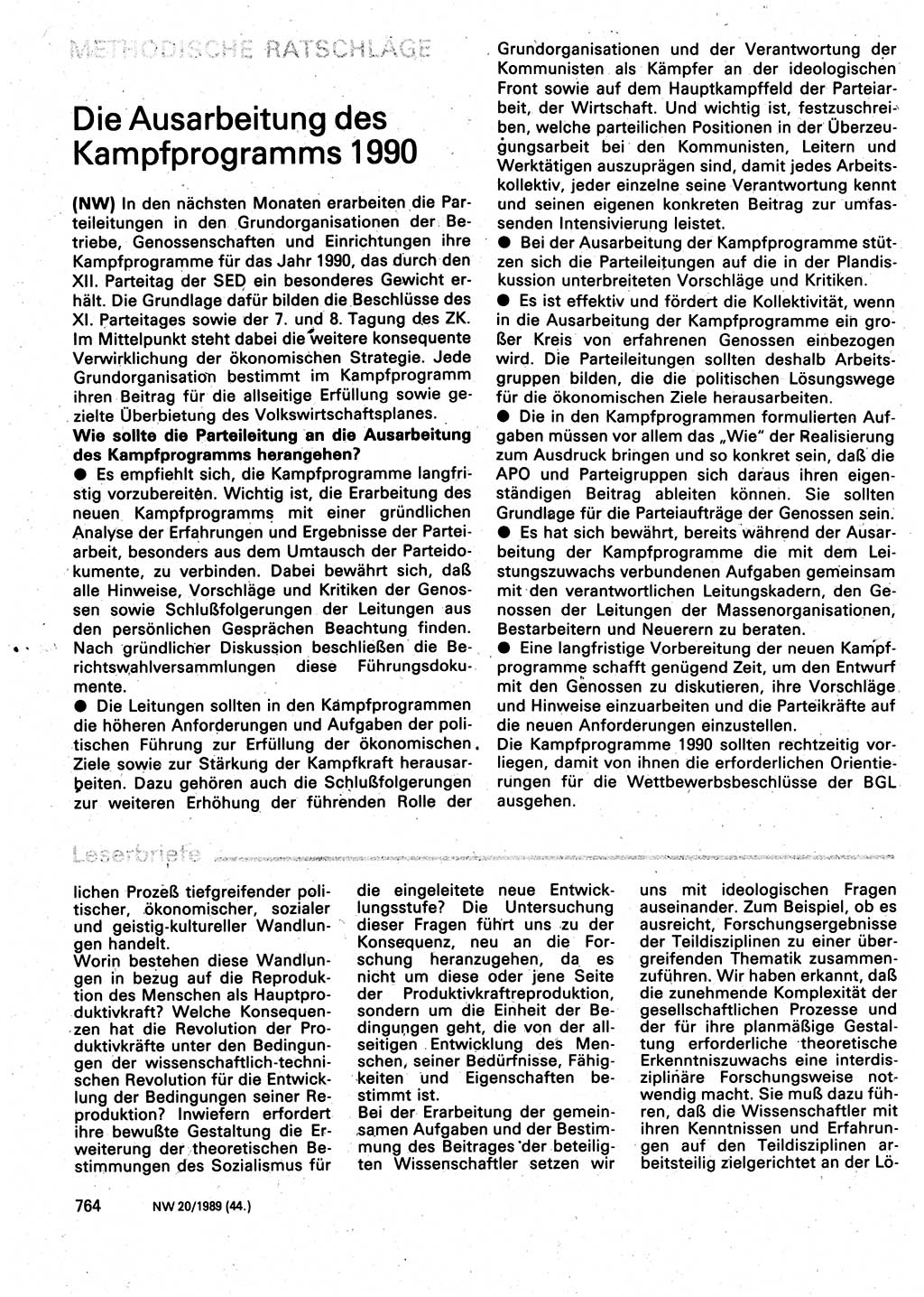 Neuer Weg (NW), Organ des Zentralkomitees (ZK) der SED (Sozialistische Einheitspartei Deutschlands) für Fragen des Parteilebens, 44. Jahrgang [Deutsche Demokratische Republik (DDR)] 1989, Seite 764 (NW ZK SED DDR 1989, S. 764)