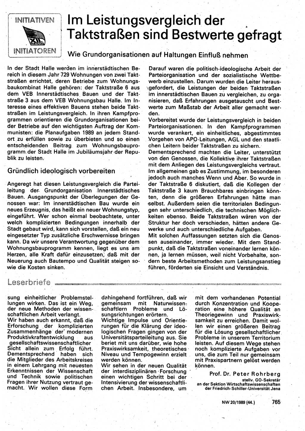 Neuer Weg (NW), Organ des Zentralkomitees (ZK) der SED (Sozialistische Einheitspartei Deutschlands) für Fragen des Parteilebens, 44. Jahrgang [Deutsche Demokratische Republik (DDR)] 1989, Seite 765 (NW ZK SED DDR 1989, S. 765)