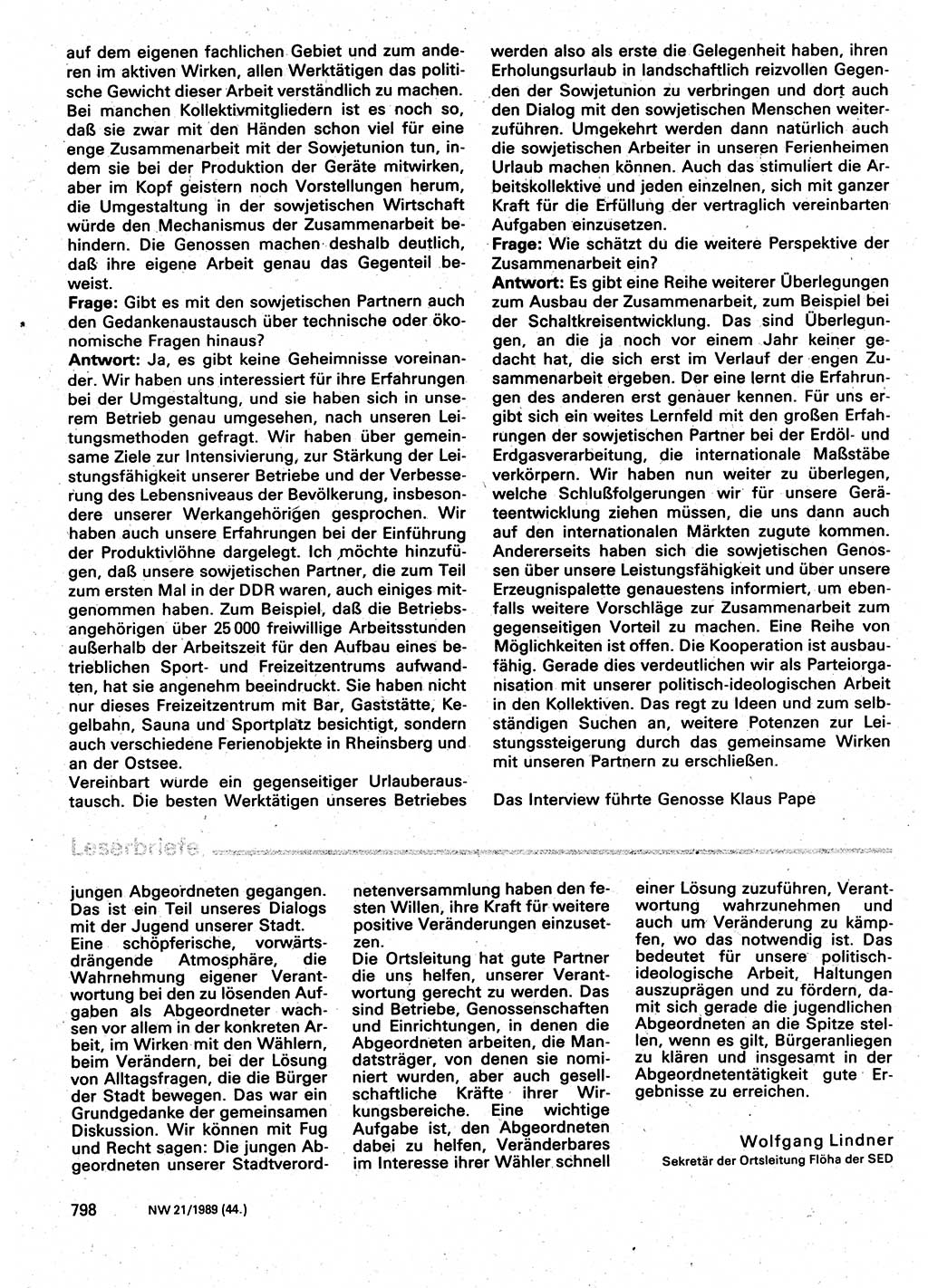 Neuer Weg (NW), Organ des Zentralkomitees (ZK) der SED (Sozialistische Einheitspartei Deutschlands) für Fragen des Parteilebens, 44. Jahrgang [Deutsche Demokratische Republik (DDR)] 1989, Seite 798 (NW ZK SED DDR 1989, S. 798)