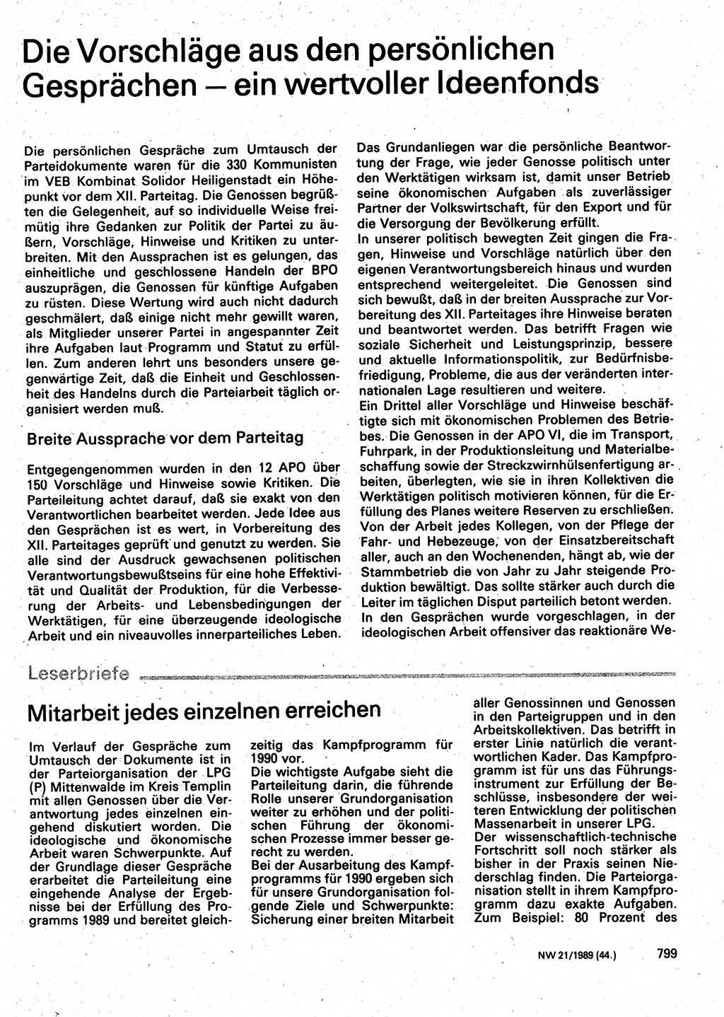 Neuer Weg (NW), Organ des Zentralkomitees (ZK) der SED (Sozialistische Einheitspartei Deutschlands) für Fragen des Parteilebens, 44. Jahrgang [Deutsche Demokratische Republik (DDR)] 1989, Seite 799 (NW ZK SED DDR 1989, S. 799)