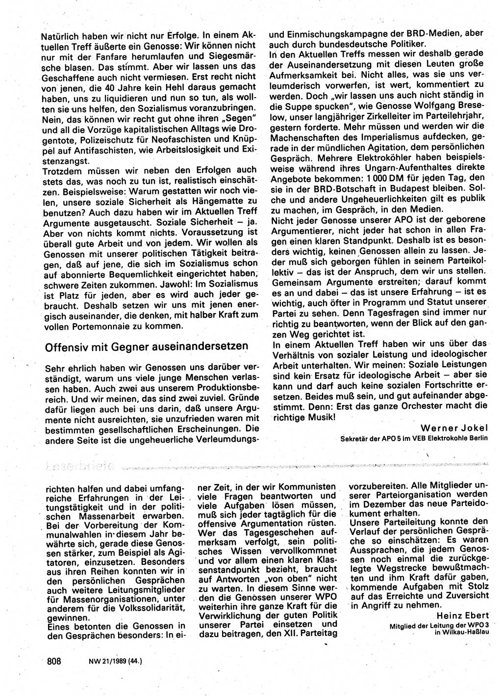 Neuer Weg (NW), Organ des Zentralkomitees (ZK) der SED (Sozialistische Einheitspartei Deutschlands) für Fragen des Parteilebens, 44. Jahrgang [Deutsche Demokratische Republik (DDR)] 1989, Seite 808 (NW ZK SED DDR 1989, S. 808)