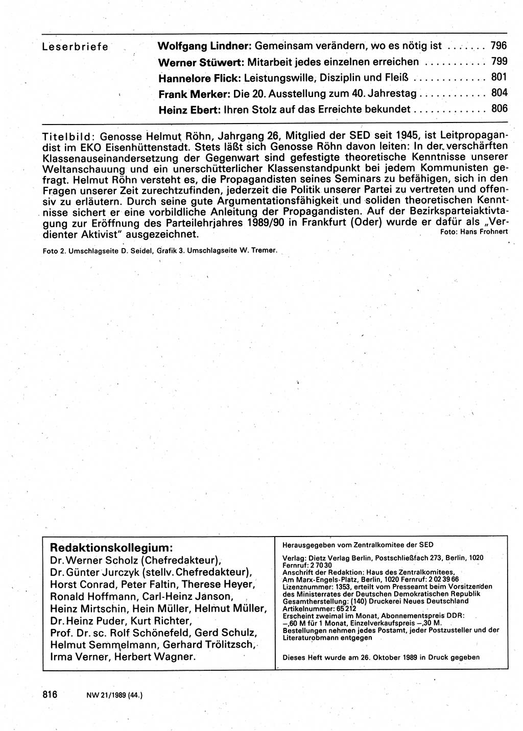 Neuer Weg (NW), Organ des Zentralkomitees (ZK) der SED (Sozialistische Einheitspartei Deutschlands) für Fragen des Parteilebens, 44. Jahrgang [Deutsche Demokratische Republik (DDR)] 1989, Seite 816 (NW ZK SED DDR 1989, S. 816)