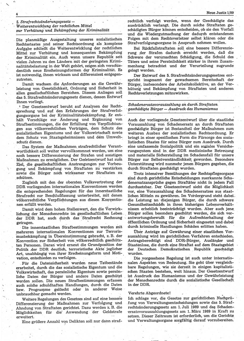 Neue Justiz (NJ), Zeitschrift für sozialistisches Recht und Gesetzlichkeit [Deutsche Demokratische Republik (DDR)], 43. Jahrgang 1989, Seite 4 (NJ DDR 1989, S. 4)