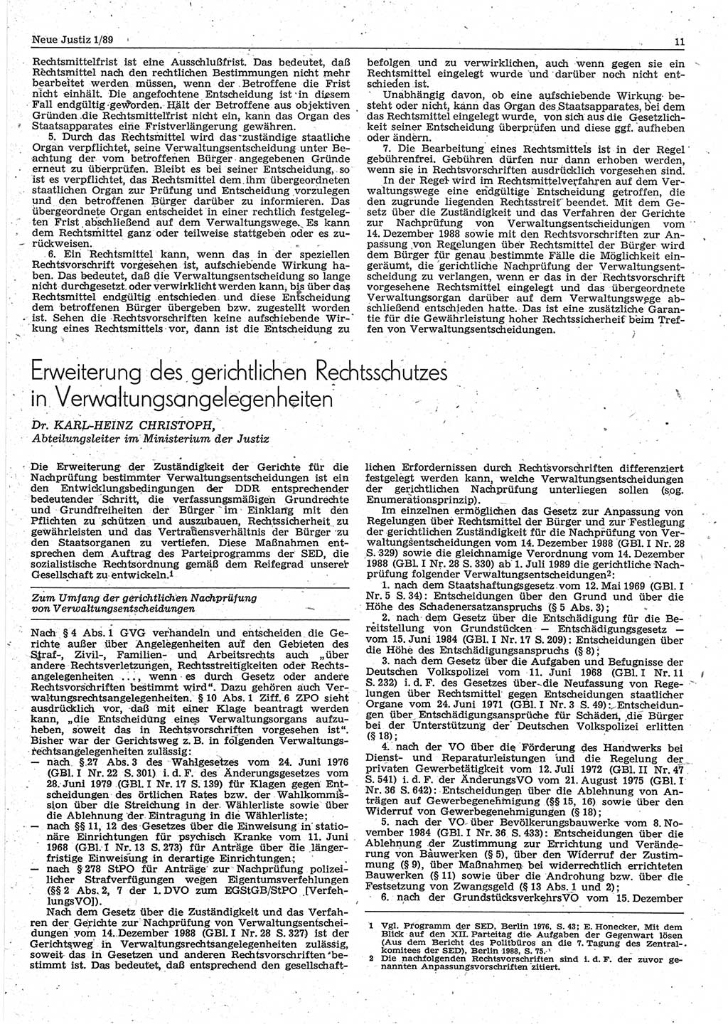 Neue Justiz (NJ), Zeitschrift für sozialistisches Recht und Gesetzlichkeit [Deutsche Demokratische Republik (DDR)], 43. Jahrgang 1989, Seite 11 (NJ DDR 1989, S. 11)