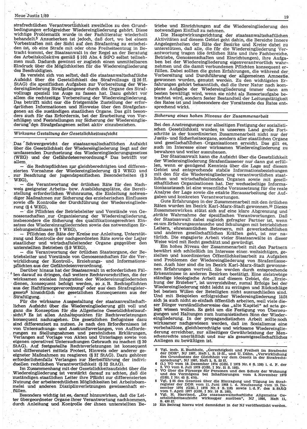 Neue Justiz (NJ), Zeitschrift für sozialistisches Recht und Gesetzlichkeit [Deutsche Demokratische Republik (DDR)], 43. Jahrgang 1989, Seite 19 (NJ DDR 1989, S. 19)