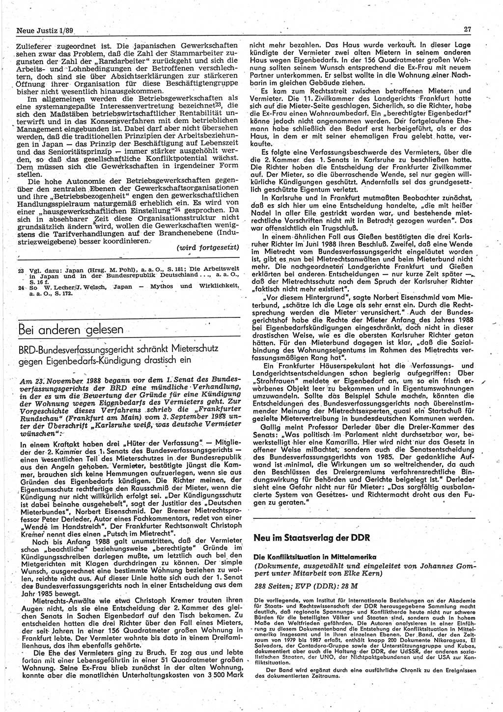 Neue Justiz (NJ), Zeitschrift für sozialistisches Recht und Gesetzlichkeit [Deutsche Demokratische Republik (DDR)], 43. Jahrgang 1989, Seite 27 (NJ DDR 1989, S. 27)