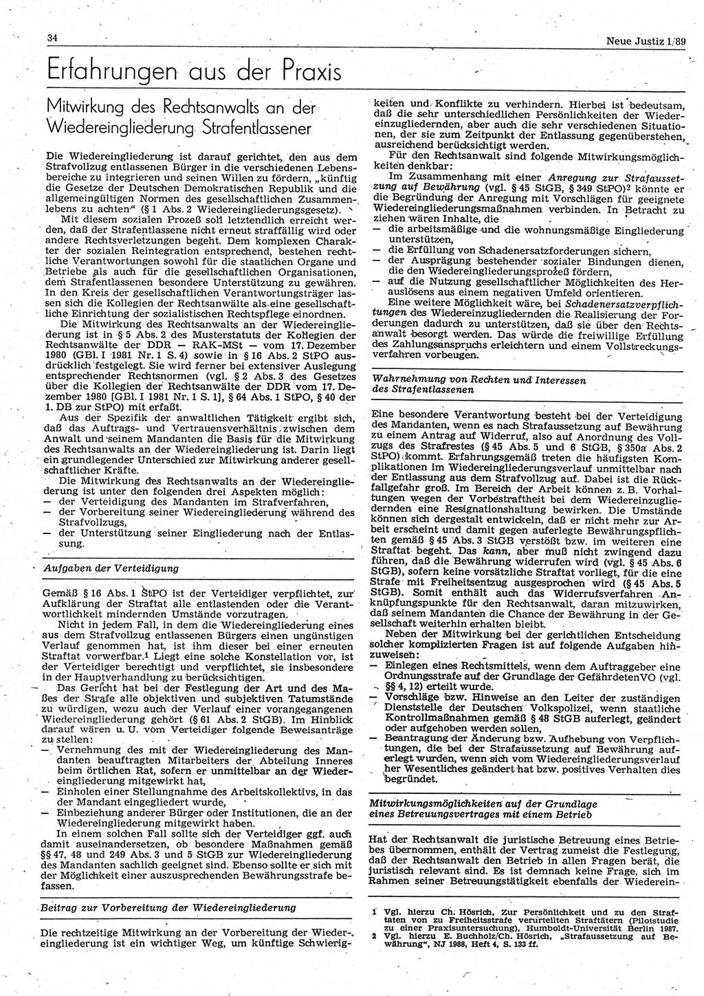 Neue Justiz (NJ), Zeitschrift für sozialistisches Recht und Gesetzlichkeit [Deutsche Demokratische Republik (DDR)], 43. Jahrgang 1989, Seite 34 (NJ DDR 1989, S. 34)