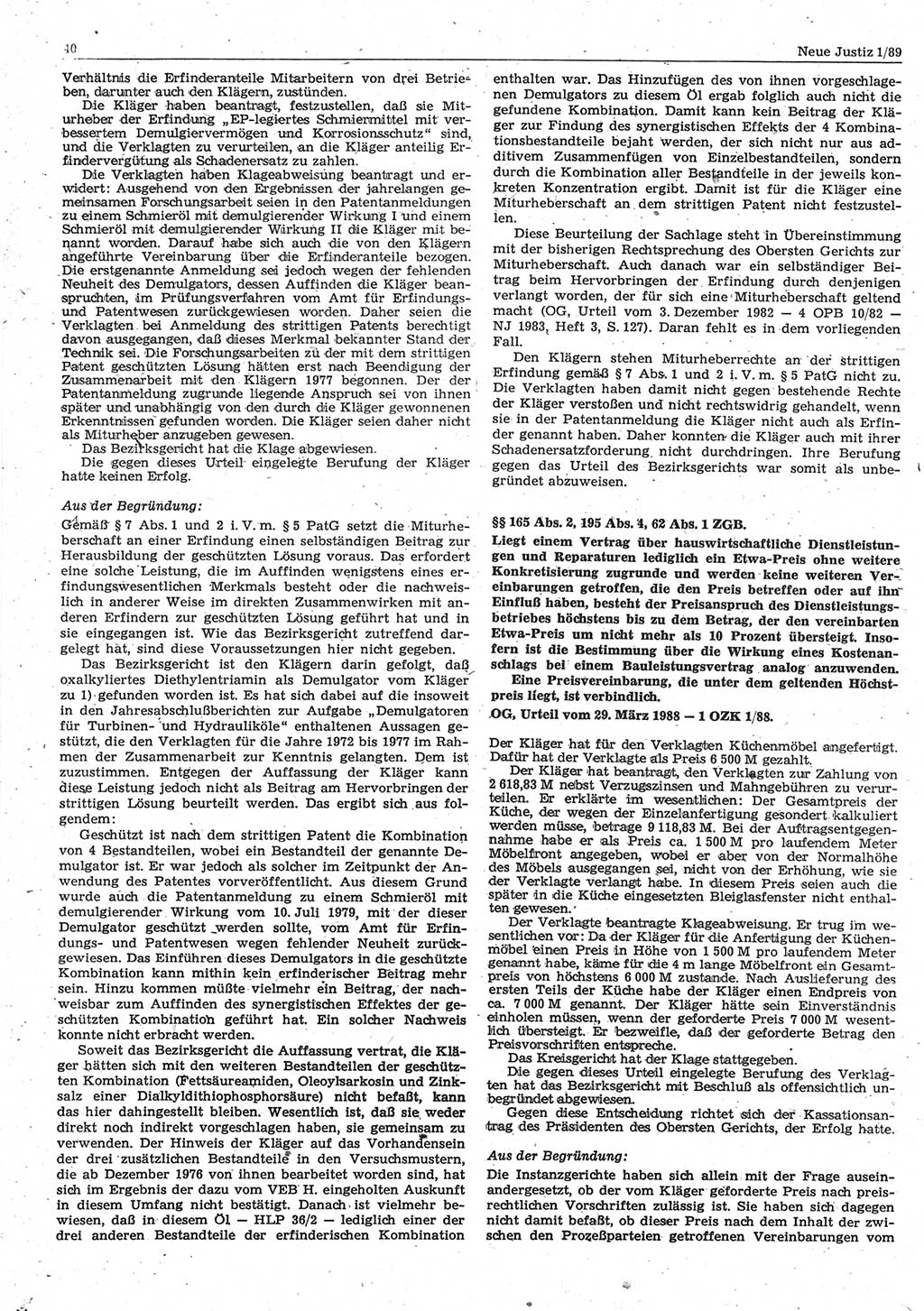 Neue Justiz (NJ), Zeitschrift für sozialistisches Recht und Gesetzlichkeit [Deutsche Demokratische Republik (DDR)], 43. Jahrgang 1989, Seite 40 (NJ DDR 1989, S. 40)