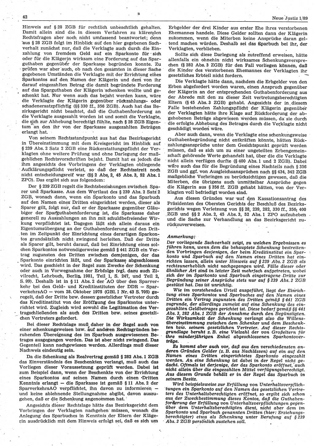 Neue Justiz (NJ), Zeitschrift für sozialistisches Recht und Gesetzlichkeit [Deutsche Demokratische Republik (DDR)], 43. Jahrgang 1989, Seite 42 (NJ DDR 1989, S. 42)
