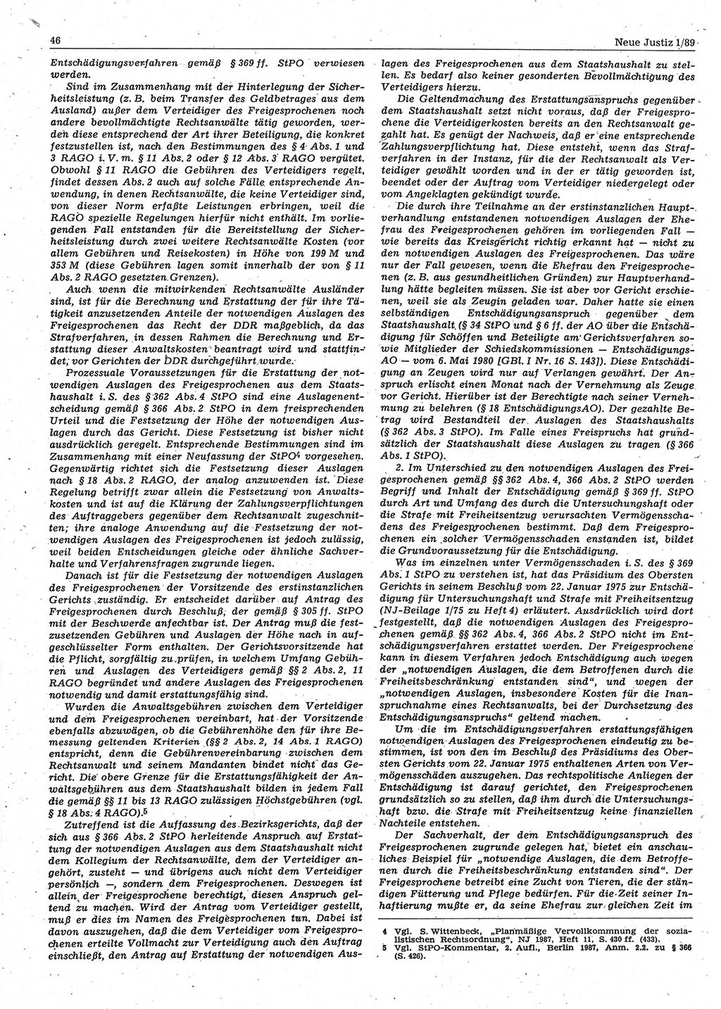 Neue Justiz (NJ), Zeitschrift für sozialistisches Recht und Gesetzlichkeit [Deutsche Demokratische Republik (DDR)], 43. Jahrgang 1989, Seite 46 (NJ DDR 1989, S. 46)