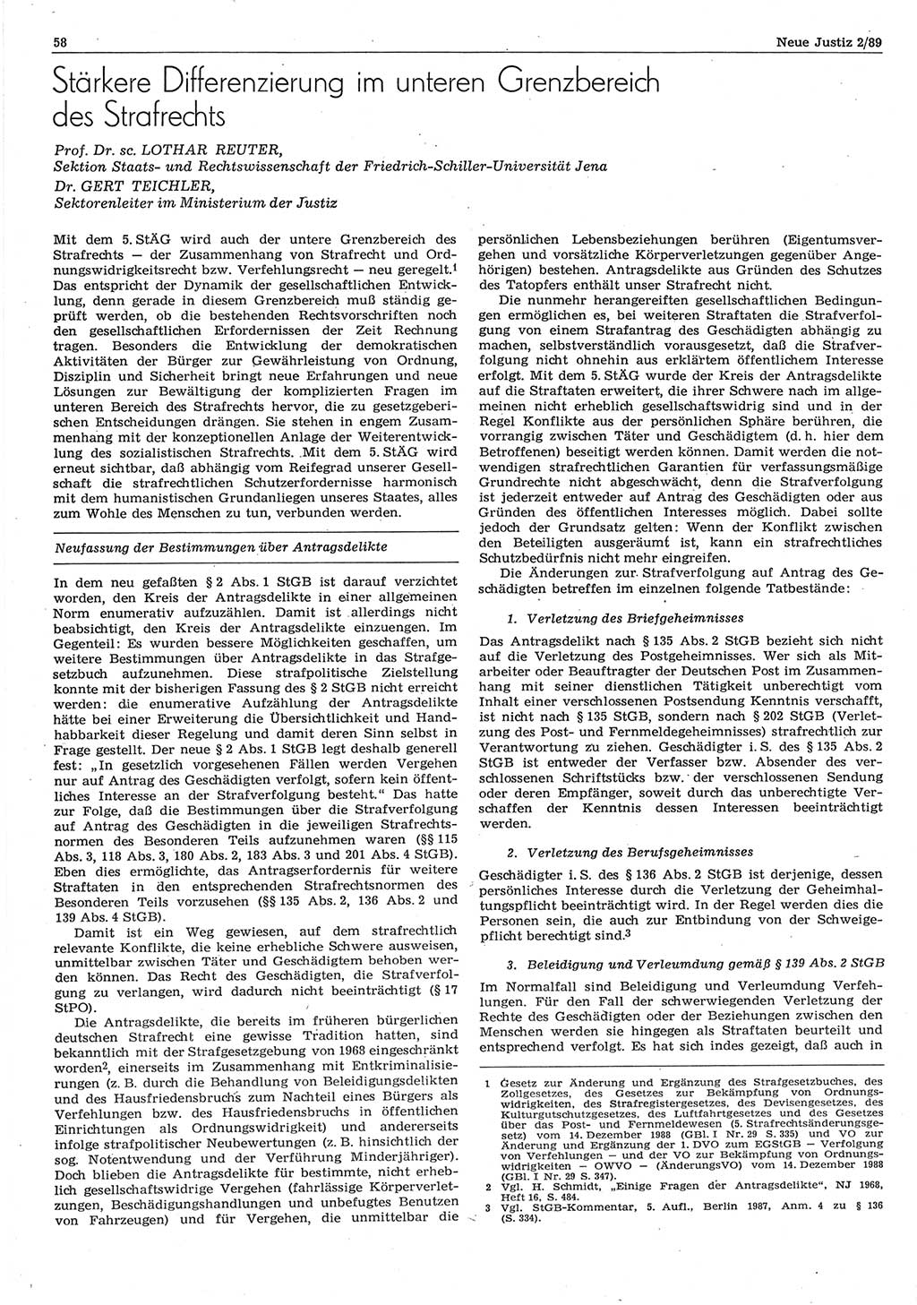 Neue Justiz (NJ), Zeitschrift für sozialistisches Recht und Gesetzlichkeit [Deutsche Demokratische Republik (DDR)], 43. Jahrgang 1989, Seite 58 (NJ DDR 1989, S. 58)