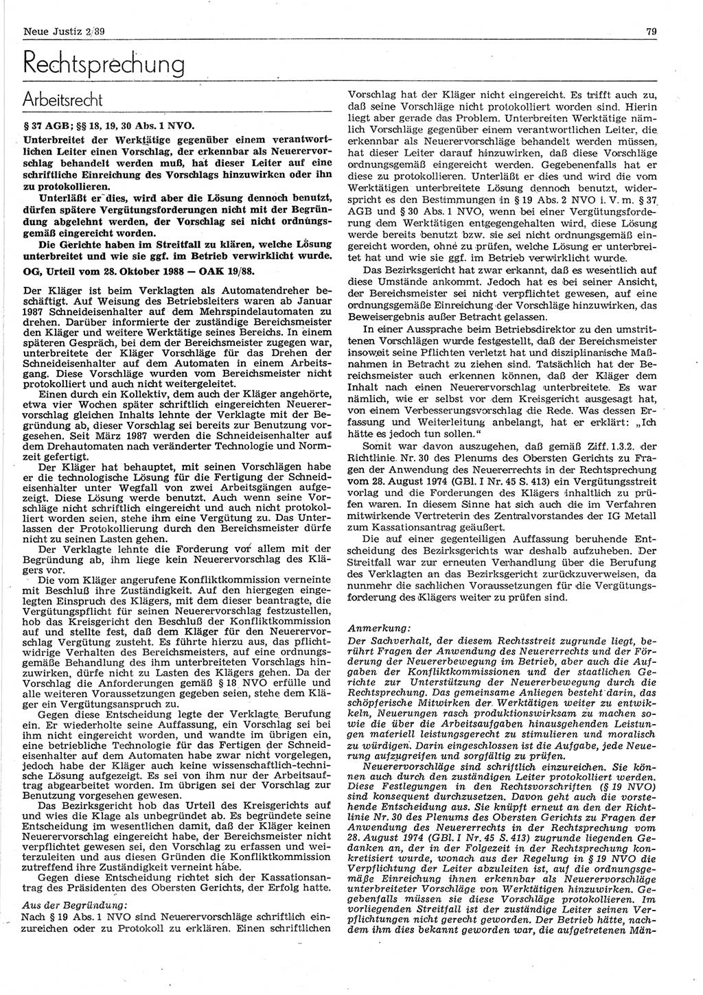Neue Justiz (NJ), Zeitschrift für sozialistisches Recht und Gesetzlichkeit [Deutsche Demokratische Republik (DDR)], 43. Jahrgang 1989, Seite 79 (NJ DDR 1989, S. 79)