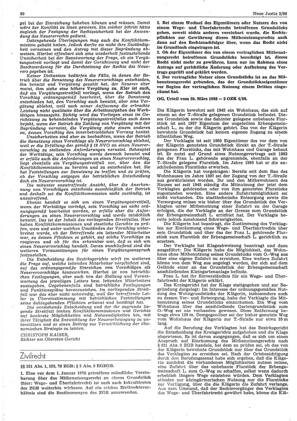 Neue Justiz (NJ), Zeitschrift für sozialistisches Recht und Gesetzlichkeit [Deutsche Demokratische Republik (DDR)], 43. Jahrgang 1989, Seite 80 (NJ DDR 1989, S. 80)