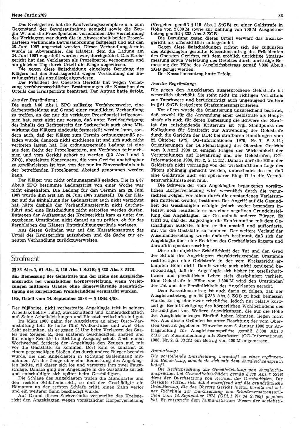 Neue Justiz (NJ), Zeitschrift für sozialistisches Recht und Gesetzlichkeit [Deutsche Demokratische Republik (DDR)], 43. Jahrgang 1989, Seite 83 (NJ DDR 1989, S. 83)