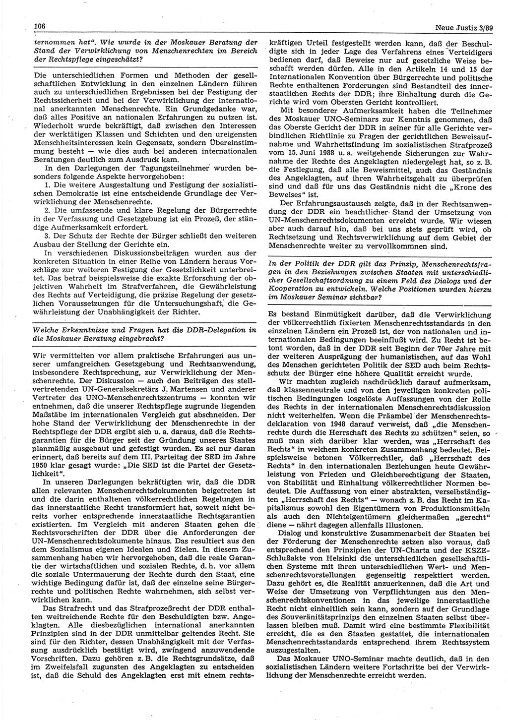 Neue Justiz (NJ), Zeitschrift für sozialistisches Recht und Gesetzlichkeit [Deutsche Demokratische Republik (DDR)], 43. Jahrgang 1989, Seite 106 (NJ DDR 1989, S. 106)
