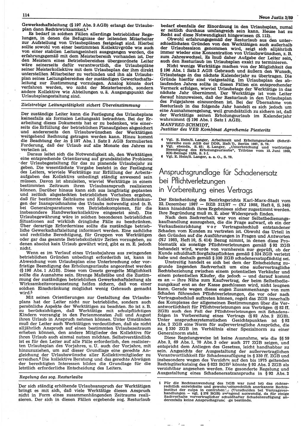Neue Justiz (NJ), Zeitschrift für sozialistisches Recht und Gesetzlichkeit [Deutsche Demokratische Republik (DDR)], 43. Jahrgang 1989, Seite 114 (NJ DDR 1989, S. 114)