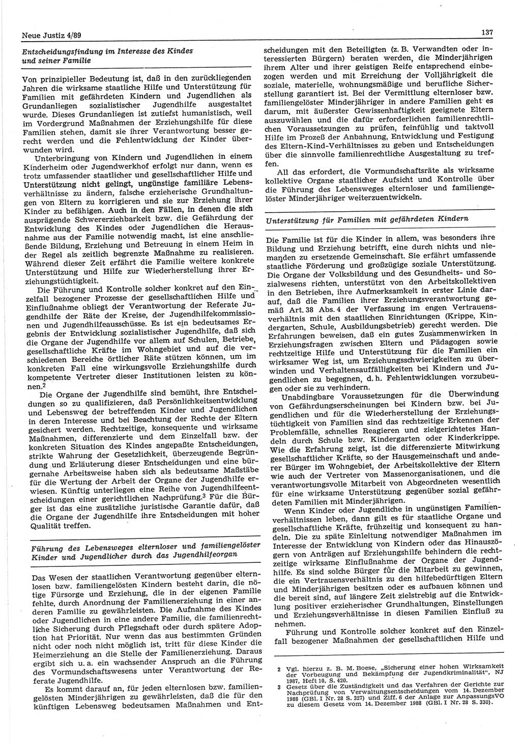 Neue Justiz (NJ), Zeitschrift für sozialistisches Recht und Gesetzlichkeit [Deutsche Demokratische Republik (DDR)], 43. Jahrgang 1989, Seite 137 (NJ DDR 1989, S. 137)