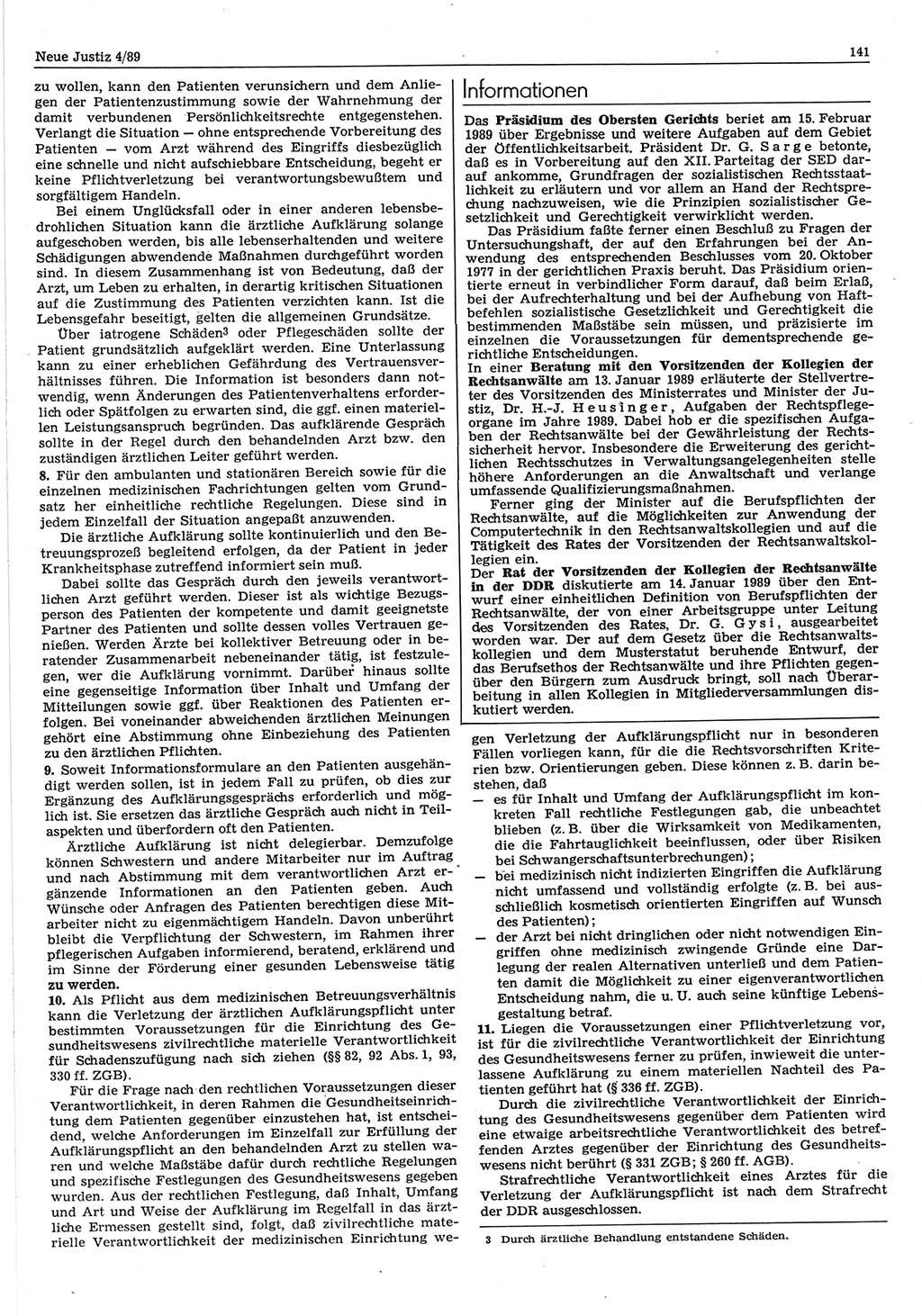Neue Justiz (NJ), Zeitschrift für sozialistisches Recht und Gesetzlichkeit [Deutsche Demokratische Republik (DDR)], 43. Jahrgang 1989, Seite 141 (NJ DDR 1989, S. 141)