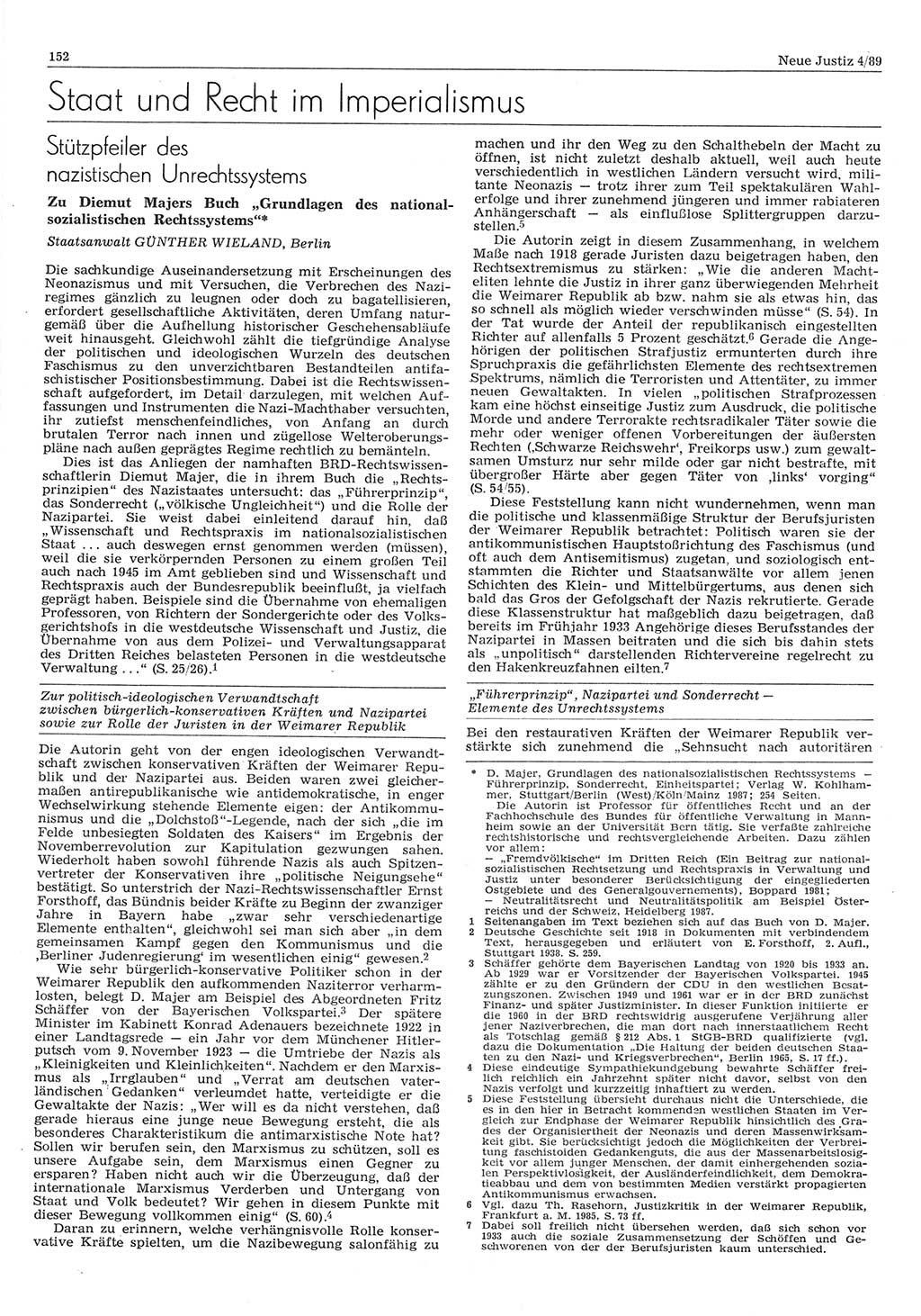 Neue Justiz (NJ), Zeitschrift für sozialistisches Recht und Gesetzlichkeit [Deutsche Demokratische Republik (DDR)], 43. Jahrgang 1989, Seite 152 (NJ DDR 1989, S. 152)