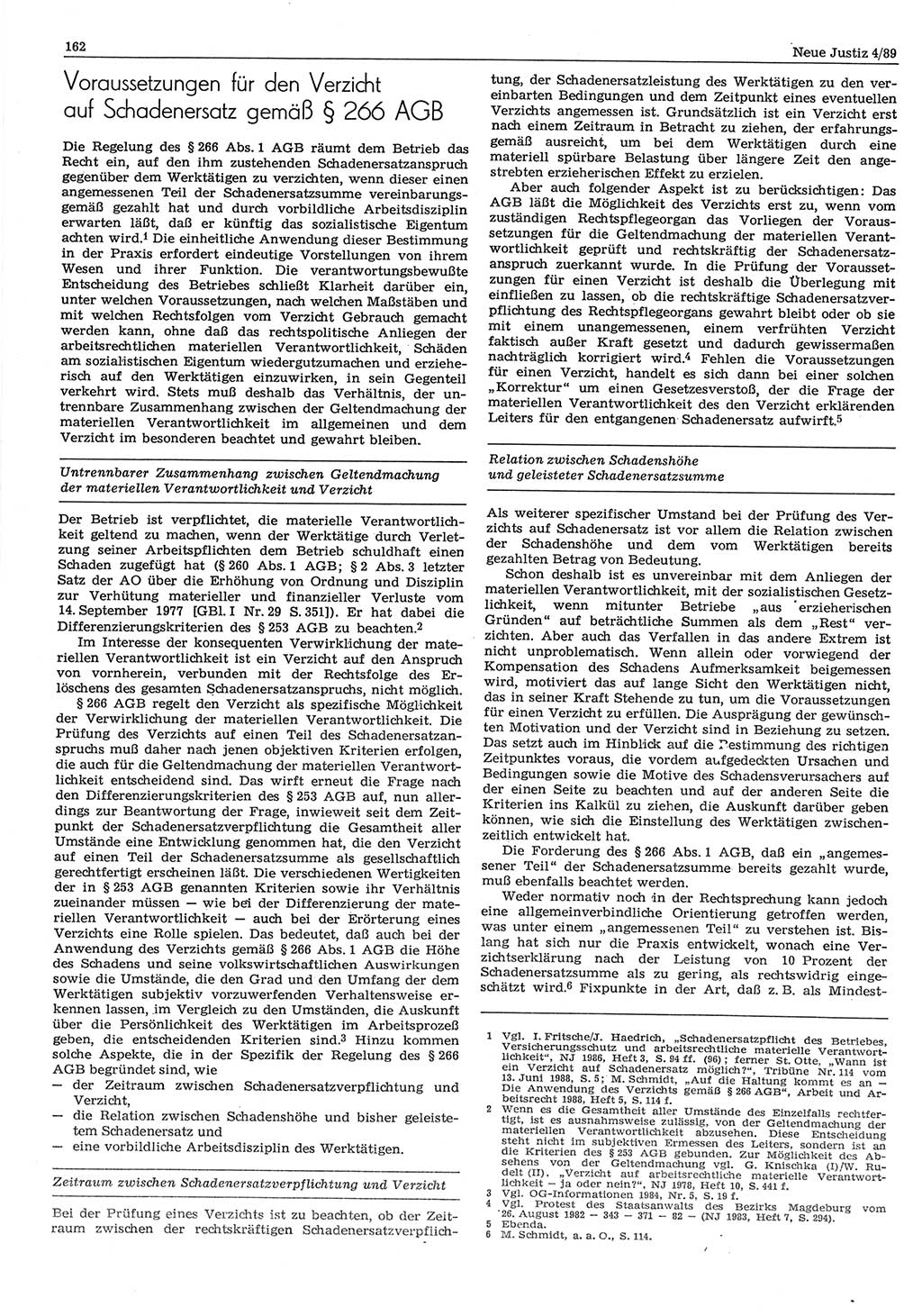 Neue Justiz (NJ), Zeitschrift für sozialistisches Recht und Gesetzlichkeit [Deutsche Demokratische Republik (DDR)], 43. Jahrgang 1989, Seite 162 (NJ DDR 1989, S. 162)
