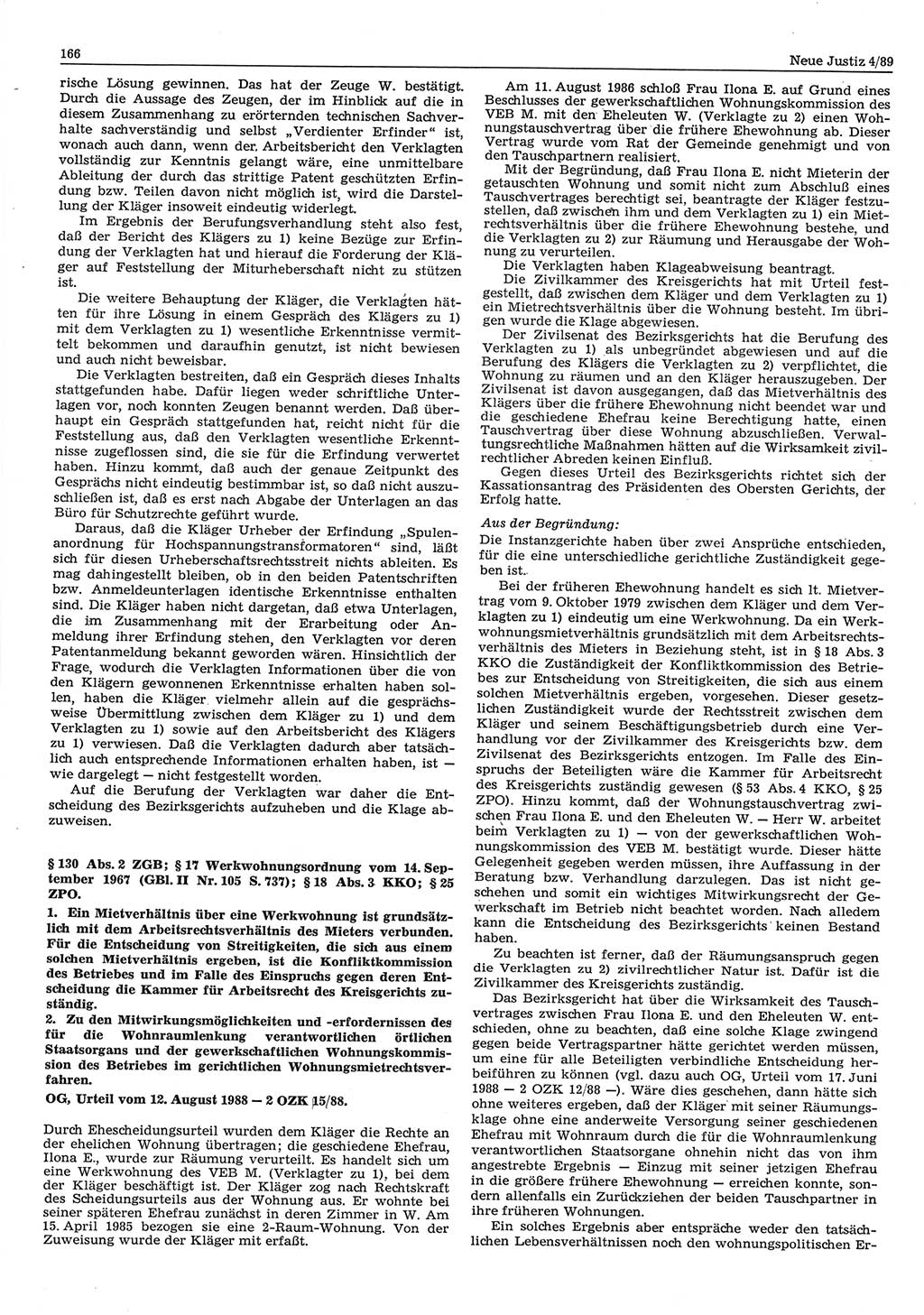 Neue Justiz (NJ), Zeitschrift für sozialistisches Recht und Gesetzlichkeit [Deutsche Demokratische Republik (DDR)], 43. Jahrgang 1989, Seite 166 (NJ DDR 1989, S. 166)