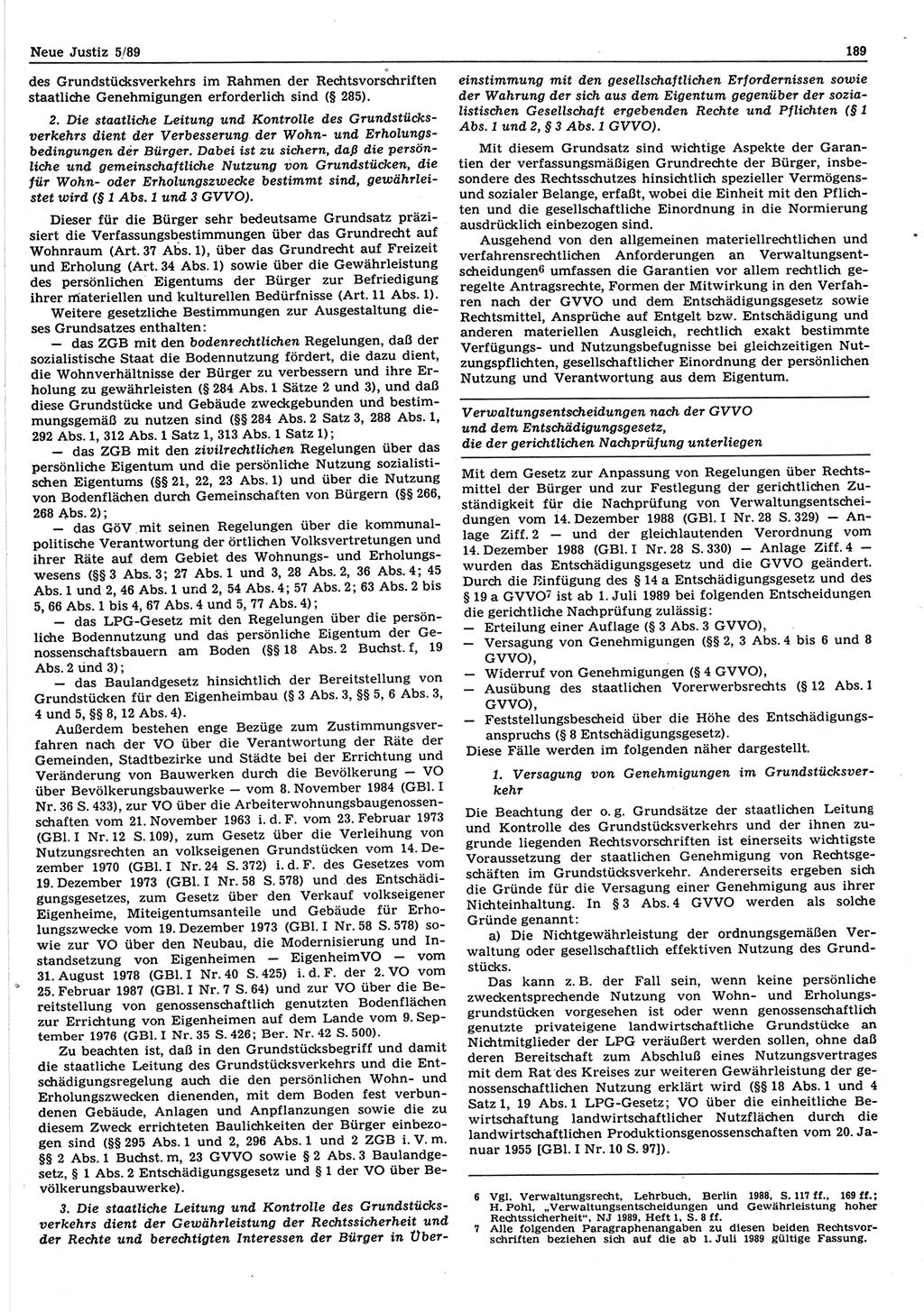 Neue Justiz (NJ), Zeitschrift für sozialistisches Recht und Gesetzlichkeit [Deutsche Demokratische Republik (DDR)], 43. Jahrgang 1989, Seite 189 (NJ DDR 1989, S. 189)