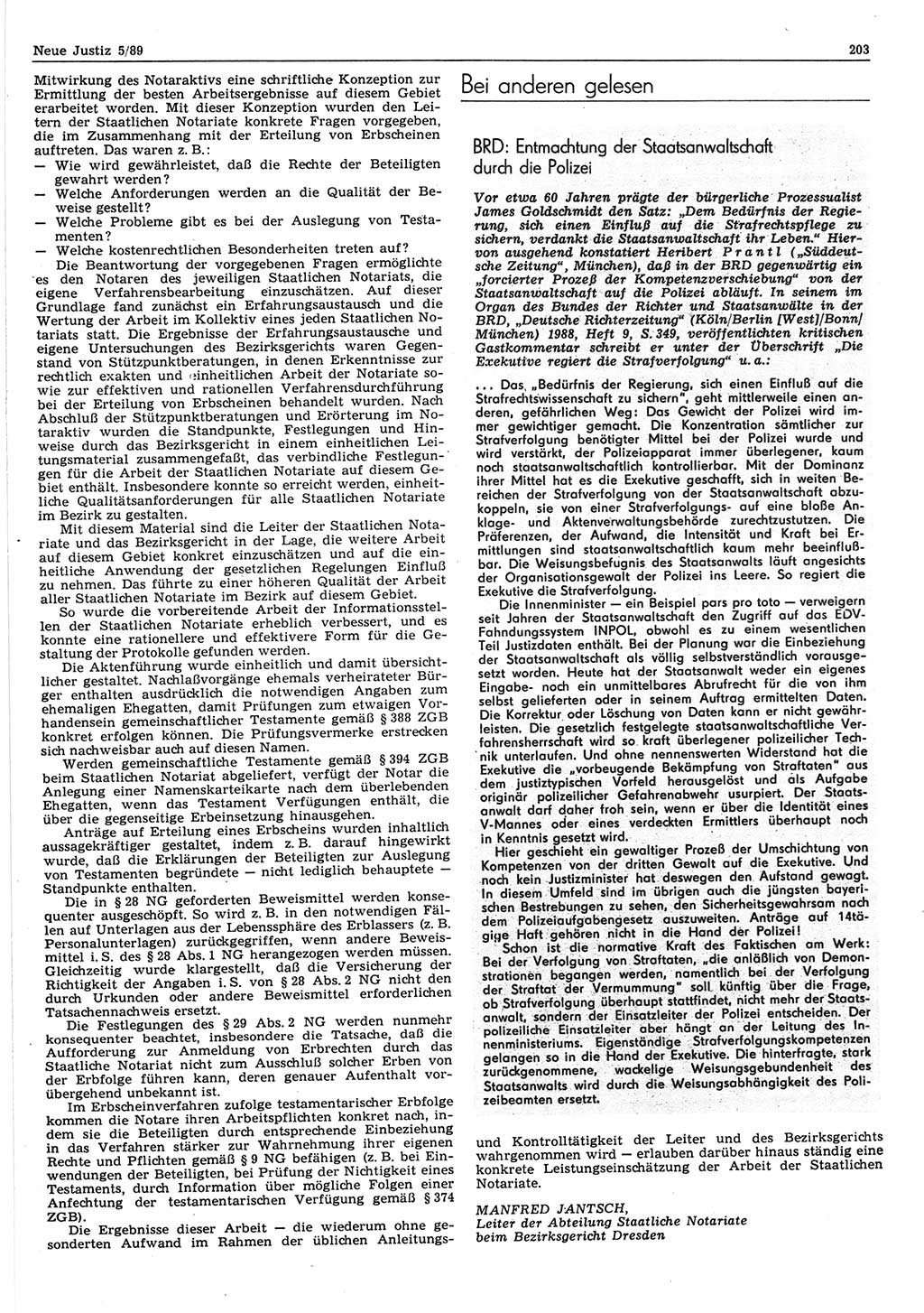 Neue Justiz (NJ), Zeitschrift für sozialistisches Recht und Gesetzlichkeit [Deutsche Demokratische Republik (DDR)], 43. Jahrgang 1989, Seite 203 (NJ DDR 1989, S. 203)