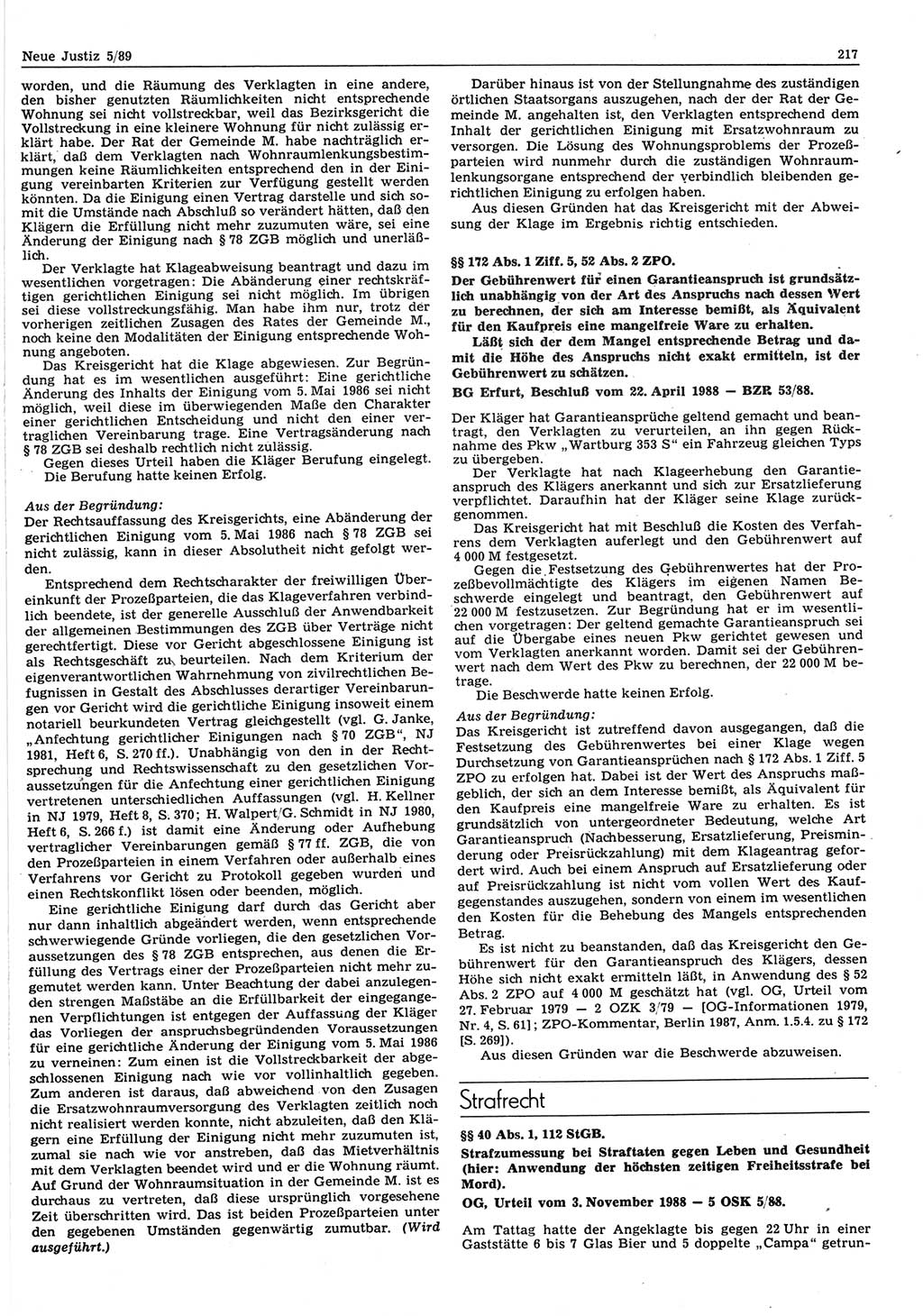 Neue Justiz (NJ), Zeitschrift für sozialistisches Recht und Gesetzlichkeit [Deutsche Demokratische Republik (DDR)], 43. Jahrgang 1989, Seite 217 (NJ DDR 1989, S. 217)