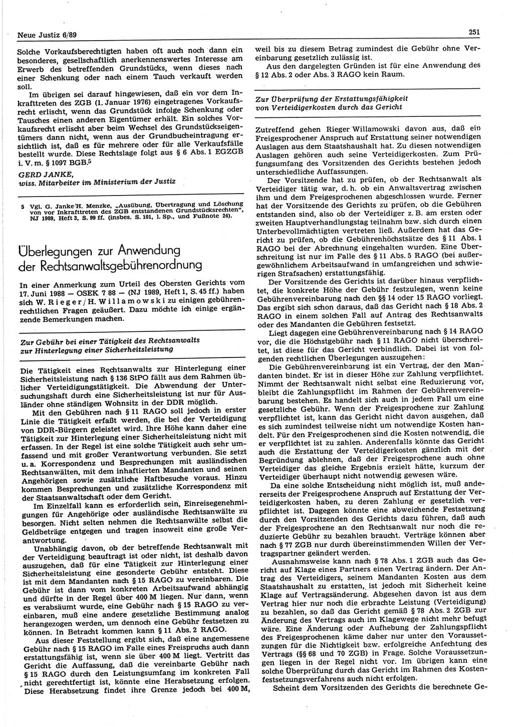 Neue Justiz (NJ), Zeitschrift für sozialistisches Recht und Gesetzlichkeit [Deutsche Demokratische Republik (DDR)], 43. Jahrgang 1989, Seite 251 (NJ DDR 1989, S. 251)